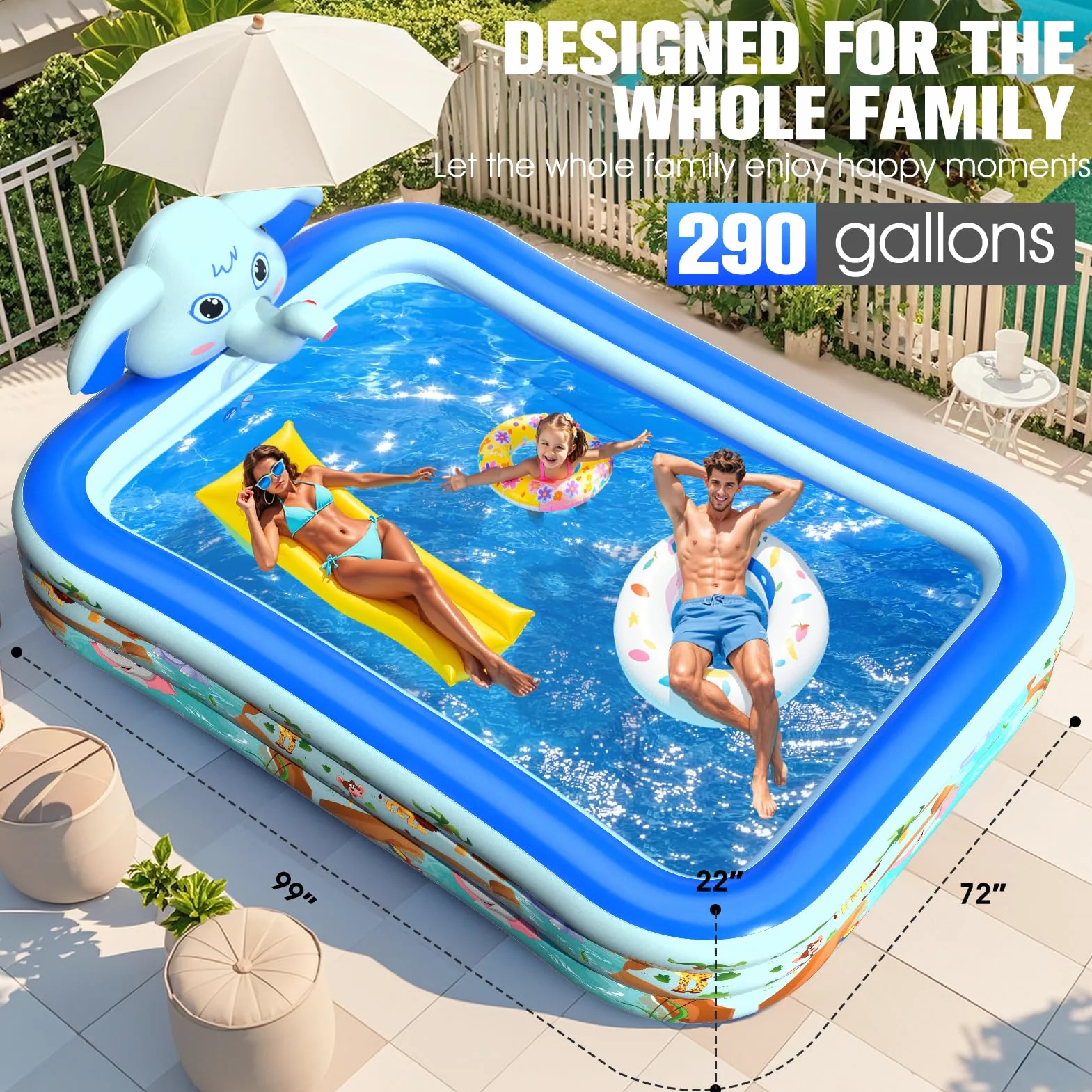 LanBlu Piscina Hinchable Adultos con Aspersor, Elefante Piscinas Hinchables Rectangular, Piscinas Hinchables Grandes de 0.6mm de Grosor, 252×183×56CM Piscina Hinchable Infantil para Terraza Jardín