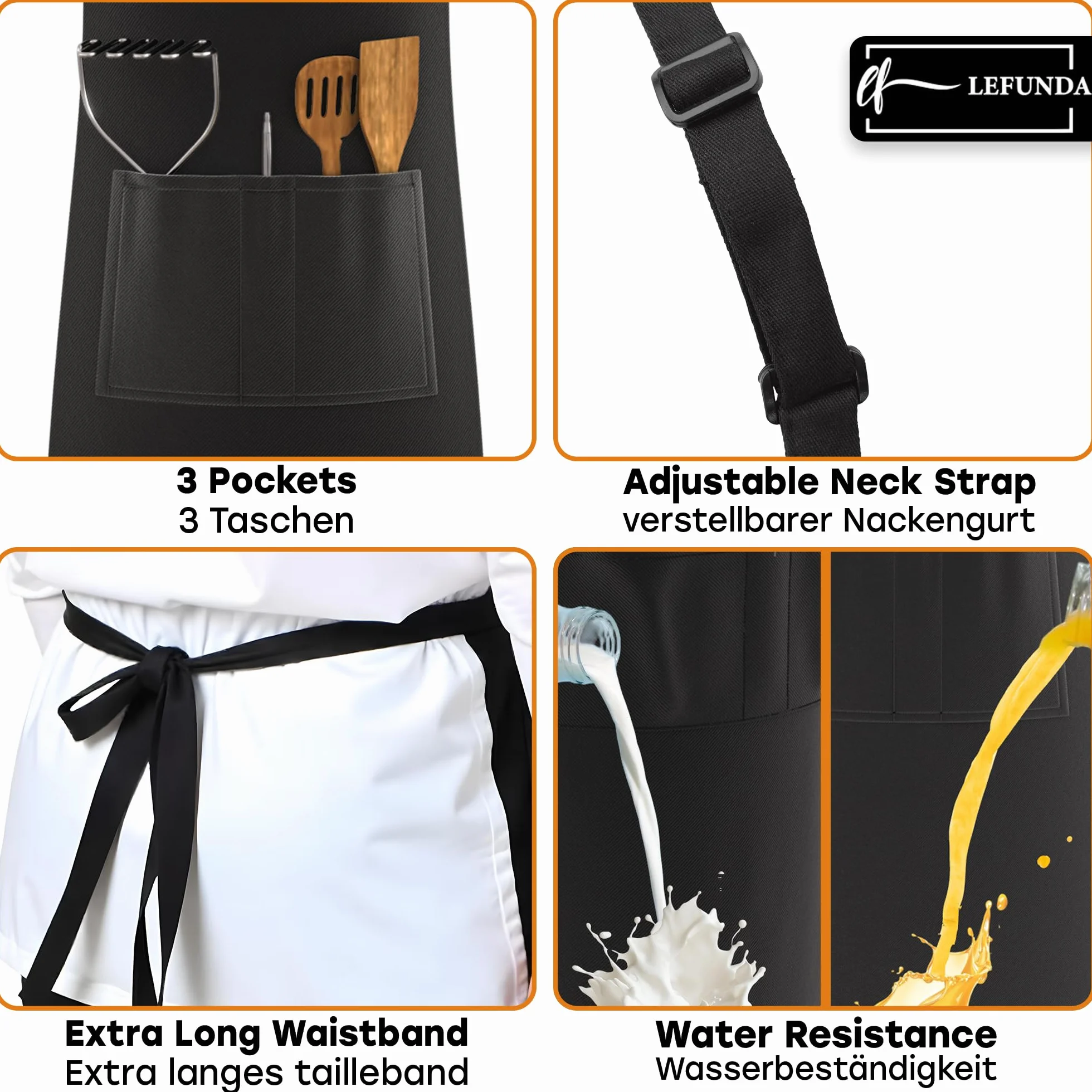 LEFUNDA® Delantal de Cocina Impermeable con 3 Bolsillos Ajustable, Delantal de Barbacoa con Correas Largas, Delantal de Cocina para Hombres y Mujeres, Cocinar, Restaurante, Café, Hornear (Negro)