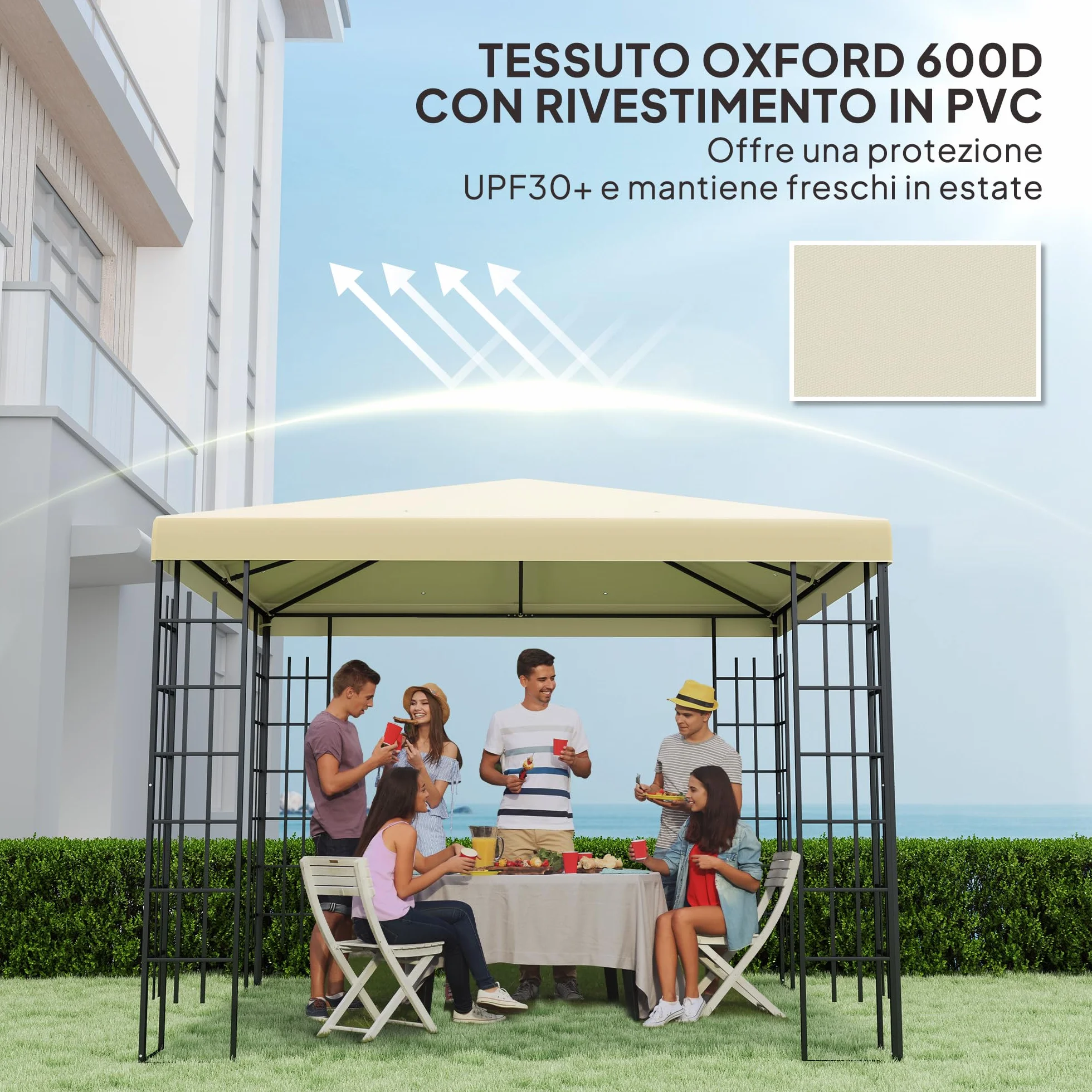 Outsunny Jardín Gazebo Reemplazo Techo 3x3 m, Resistente al agua Gazebo Canopy en 600D Oxford Tela 370g/㎡ Anti-UV 30+ con 8 agujeros de drenaje, Crema blanca.