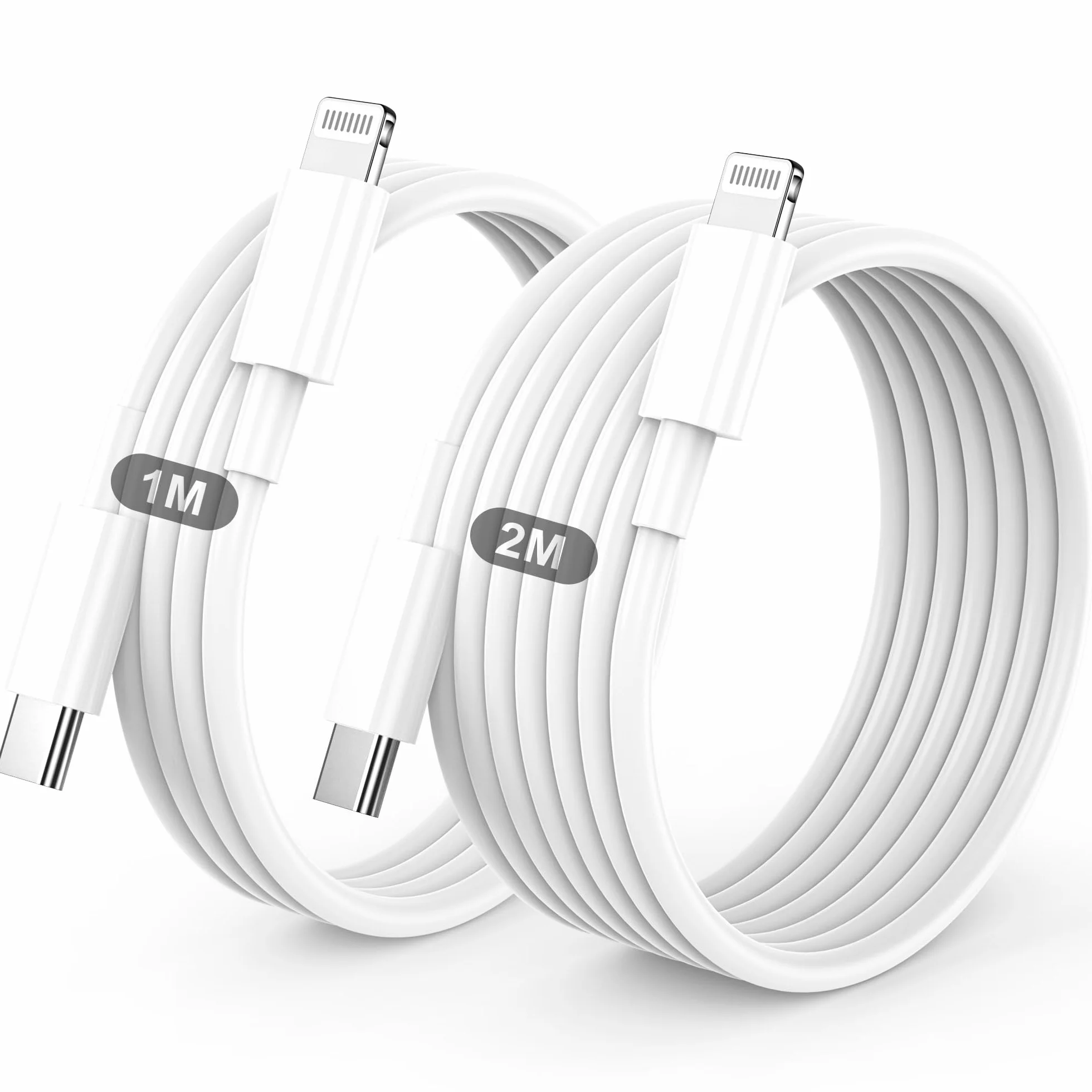 BSTOEM Cable Cargador para iPhone Carga Rápida MFi Certificado 2 Unidades 1M+2M USB-A a Lightning Blanco