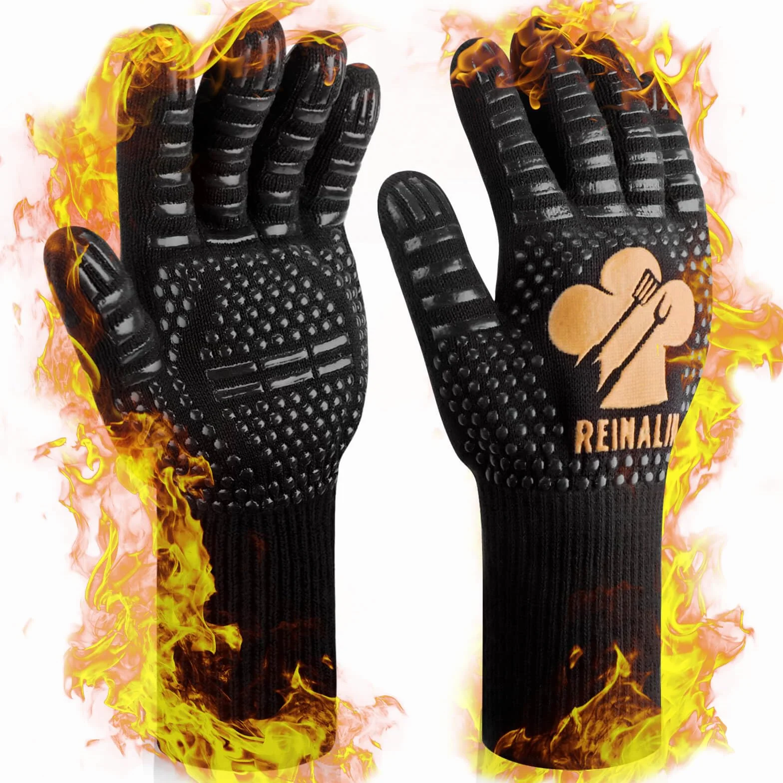 Guantes Barbacoa Cocina Resistente al Calor hasta 500°C Guantes para Horno de Silicona Antideslizante para Cocina, Parrilla, Hornear, Microondas (L/XL/XXL, Dorado)