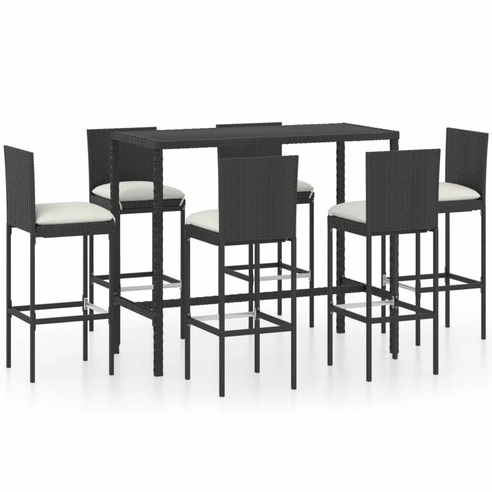 Juego de Muebles de Jardín 7 Piezas con Cojines Ratán PE Negro Conjunto de Bar de Terraza Resistente al Agua Mesa de Patio 130x60x110 cm Estructura de Acero Taburete de Bar