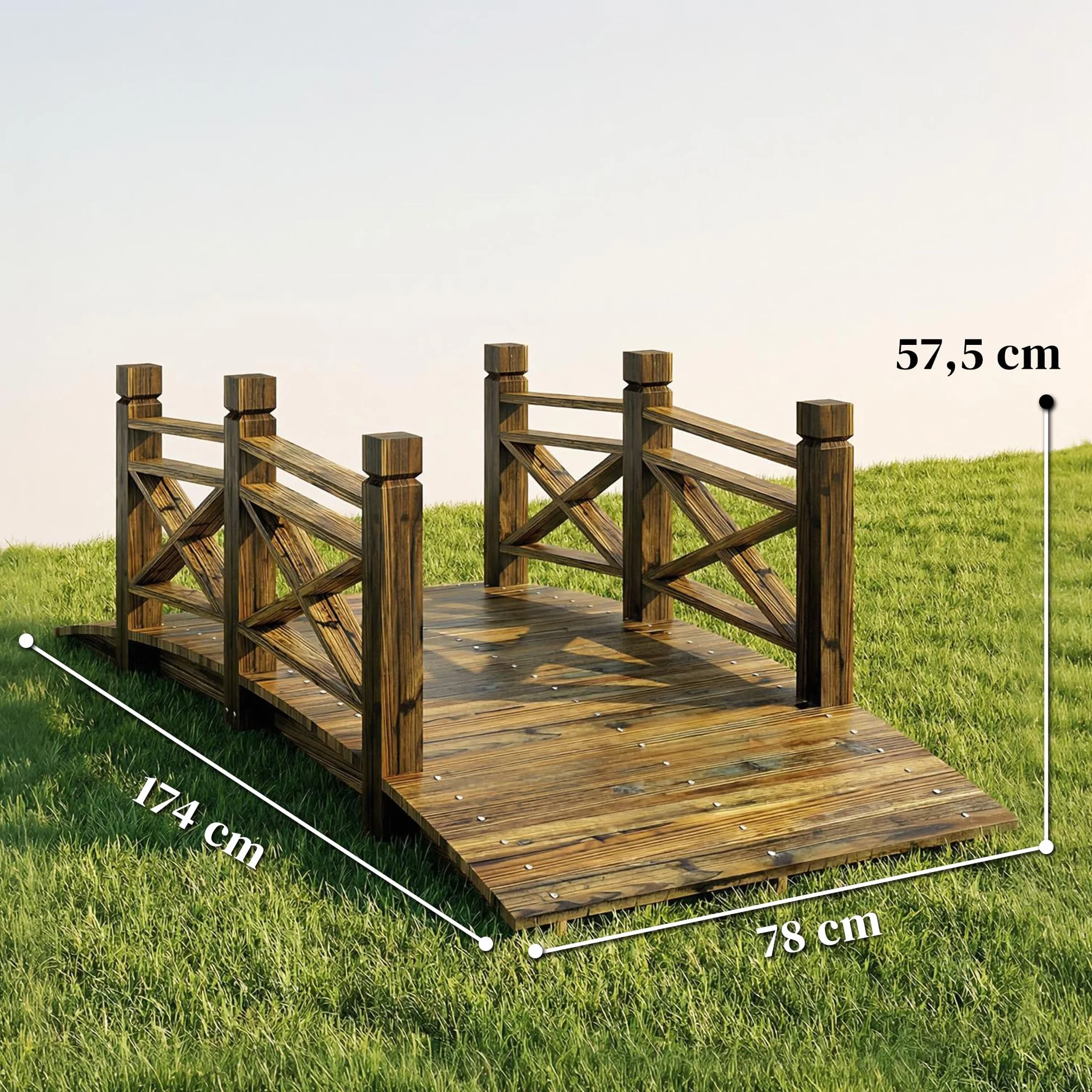 Outsunny Puente de madera con barandilla, puente de jardín de madera de abeto, puente para estanque con aspecto antiguo, transitable, hasta 200 kg, resistente a la corrosión, puente decorativo para