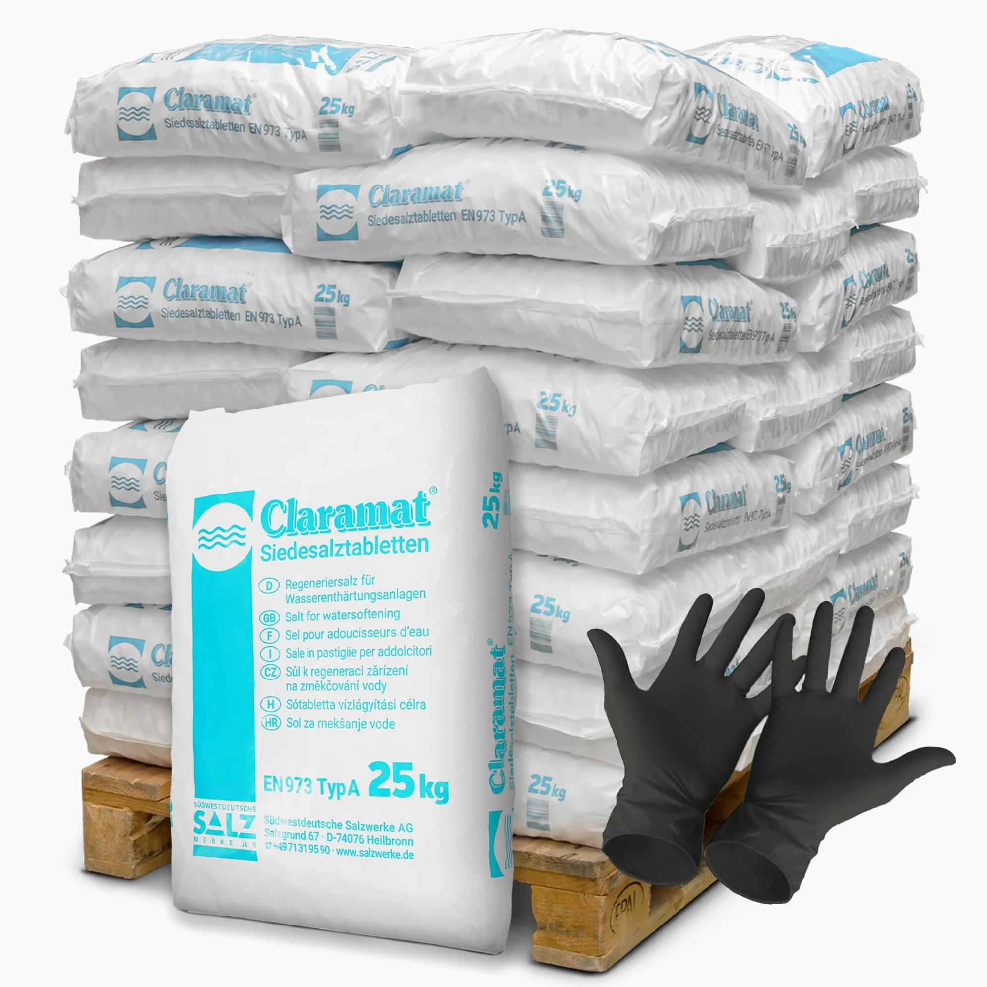 Claramat Comprimidos de sal hirviendo 40 x 25 kg (1000 kg) tabletas de sal regeneradora de sal ablandadora, incluye 1 par de guantes desechables de ARNOMED