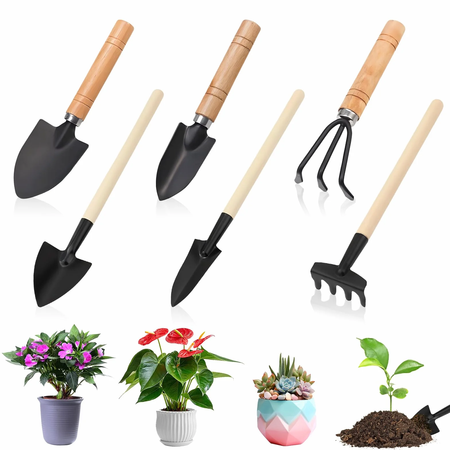 6 Juego de Herramientas de Jardín, Mini Herramientas Jardineria, Herramientas de Jardín Pequeñas, Kit de Jardinería Mango de Madera, Pala, Pala Pequeña, Rastrillo, para Suculentas, Plantas en Maceta