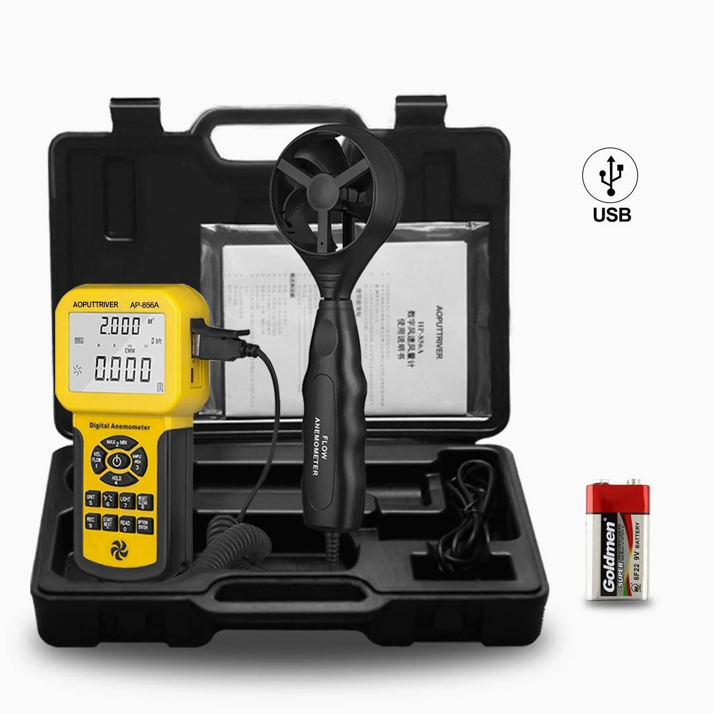 Pro HVAC - Anemómetro CFM de mano, medidor de velocidad del viento con retroiluminación Max/Avg/Min funciones para medir la velocidad del viento, medidor de flujo de aire de temperatura, medidor de
