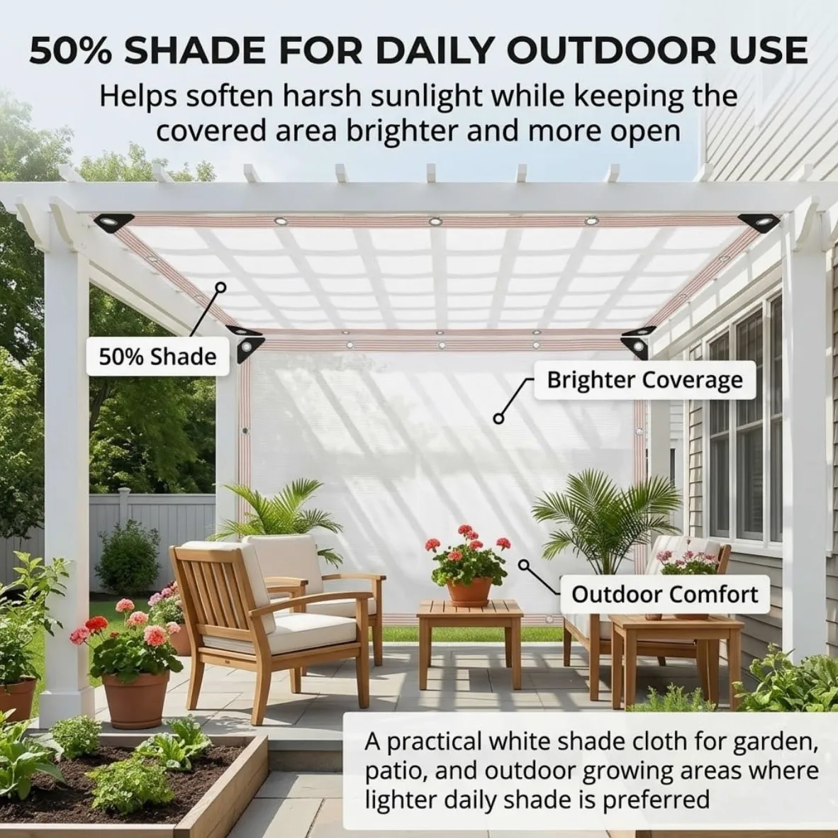 Tela de Sombra Blanca 50% con Ojales, Malla de Sombreo HDPE para Invernadero, Toldos Exterior Terraza, Malla Ocultacion para Verduras, Gallinero, Perrera, Patio(6X7M)