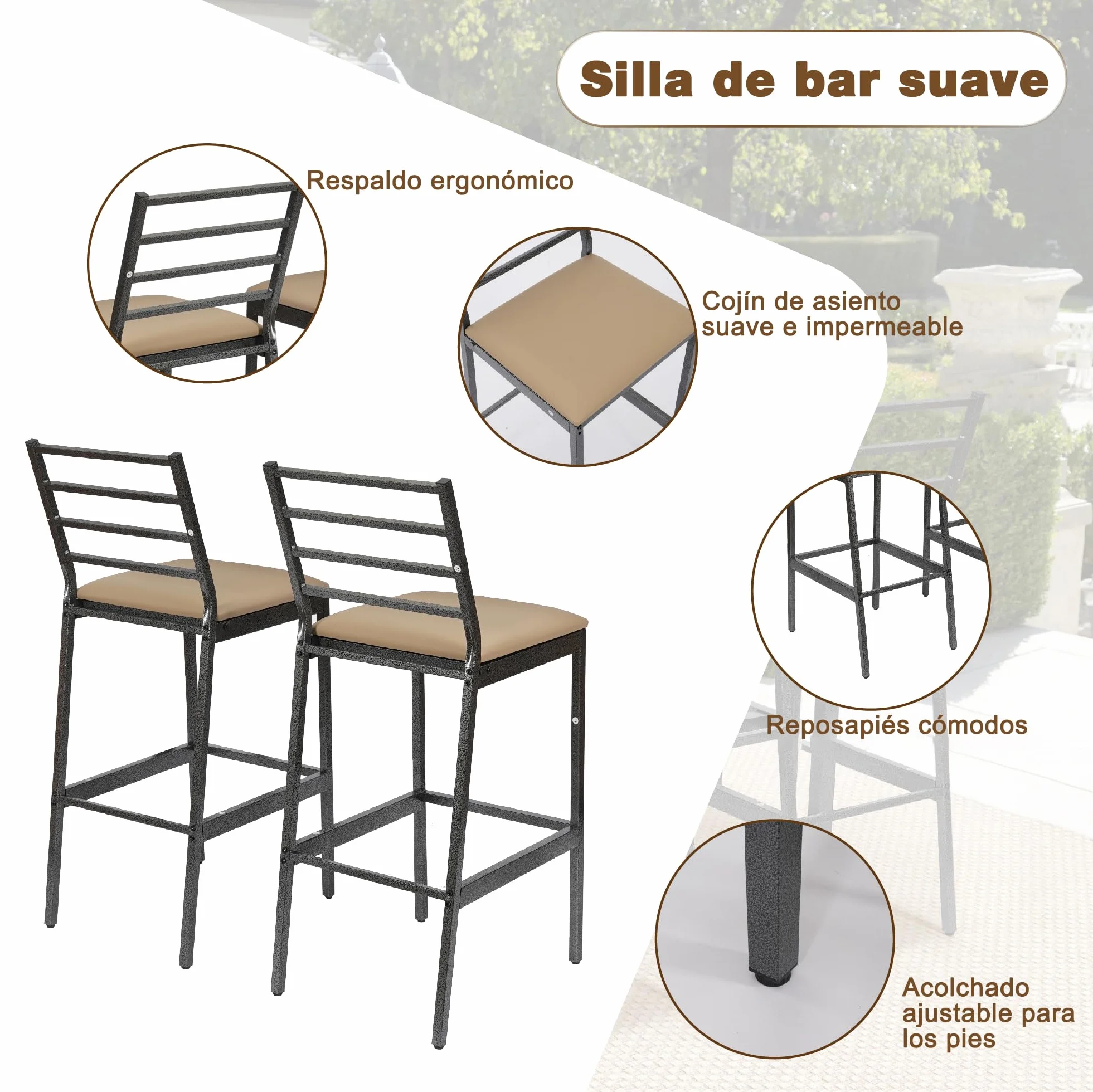 Juego de Comedor y Bar para Patio de 3 Piezas, Mesa Rectangular Resistente de 140 cm de Altura con 2 taburetes Acolchados, Mesa y sillas de Metal para Patio, Porche, bistró o balcón.