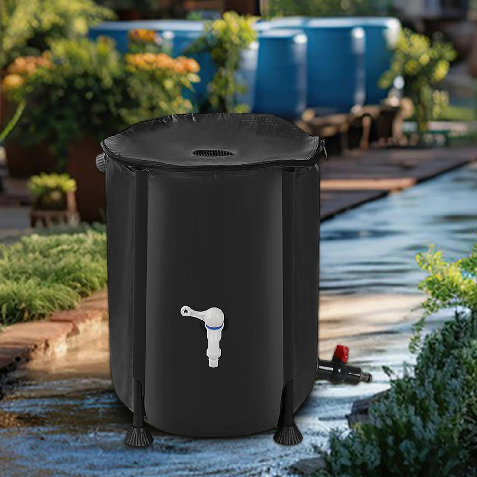 Barril de recogida de lluvia de 200 L, colector de agua de lluvia de PVC | contenedor de lluvia con kit de desbordamiento de espiga de filtro, tanque de agua portátil resistente a la intemperie,