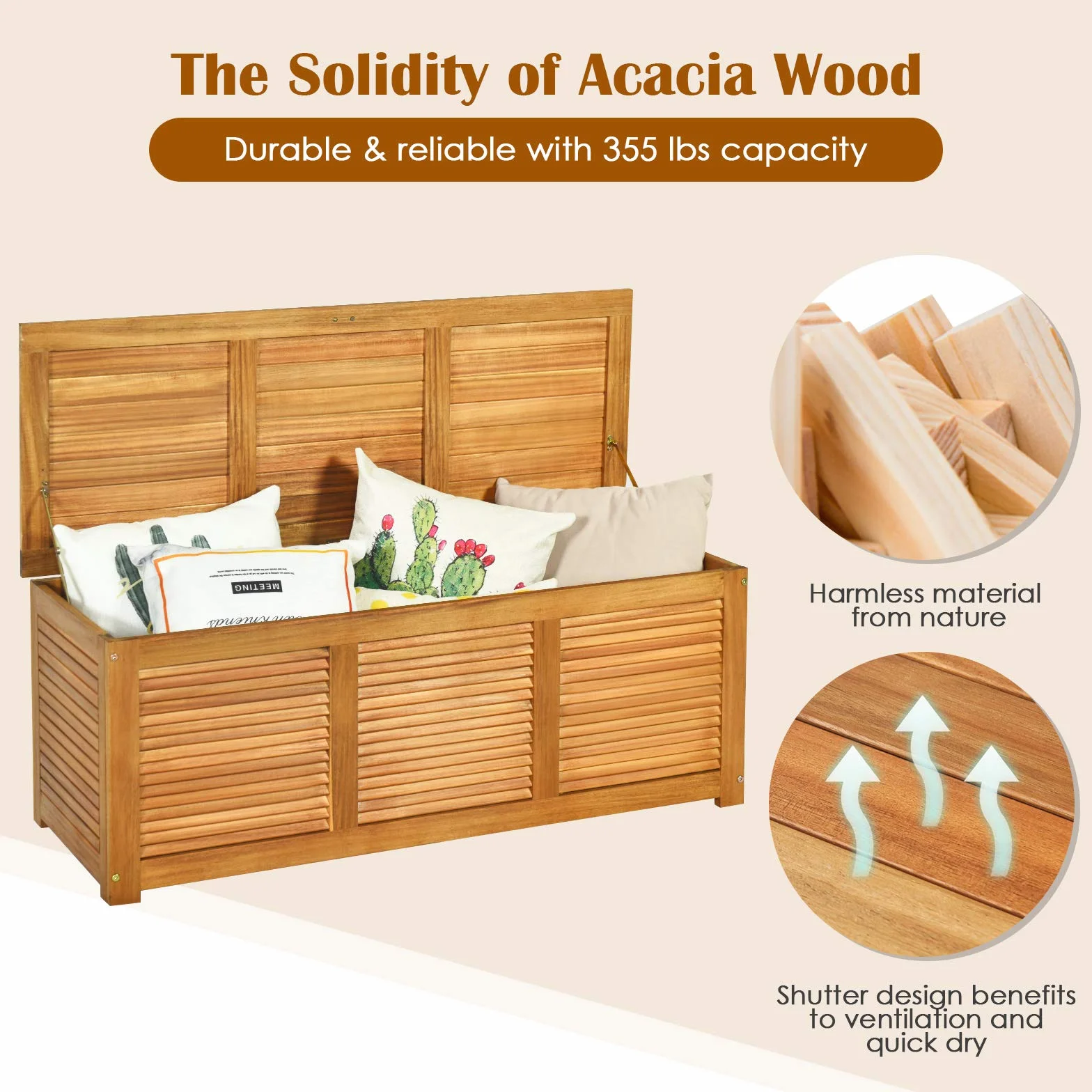 GOPLUS Baúl Almacenaje Exterior de Madera Acacia, Banco Contenedor con Capacidad 178L carga 150 kg, Caja de Almacenamiento con Tapa, Arcón para Jardín Patio Terraza Balcón, 120x45x45cm, Natural