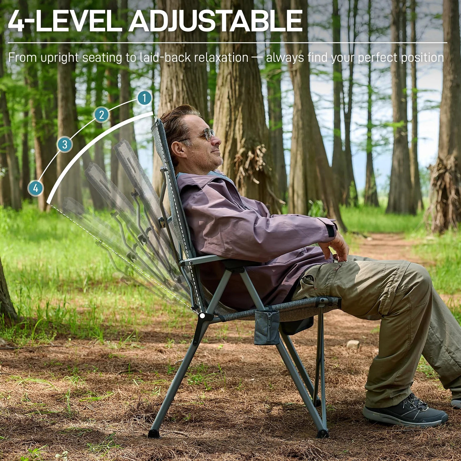 EVER ADVANCED Silla de Camping Plegable con Respaldo Ajustable en 4 Posiciones, Respaldo Alto hasta 160 kg, Silla de jardín de Malla con Bolsillo Lateral, Soporte para Bebidas, Silla de Pesca