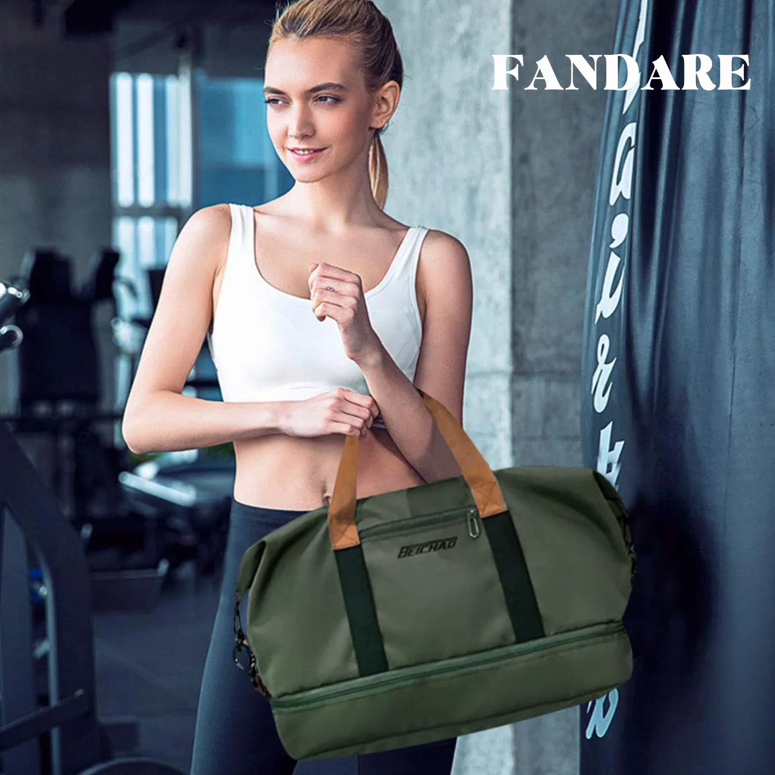 FANDARE Bolsa de Viaje Deportiva Gimnasio Mujer Hombre Fin de Semana Senderismo Maleta de Mano con Bolsillo Húmedo y Compartimento para Zapatos Verde