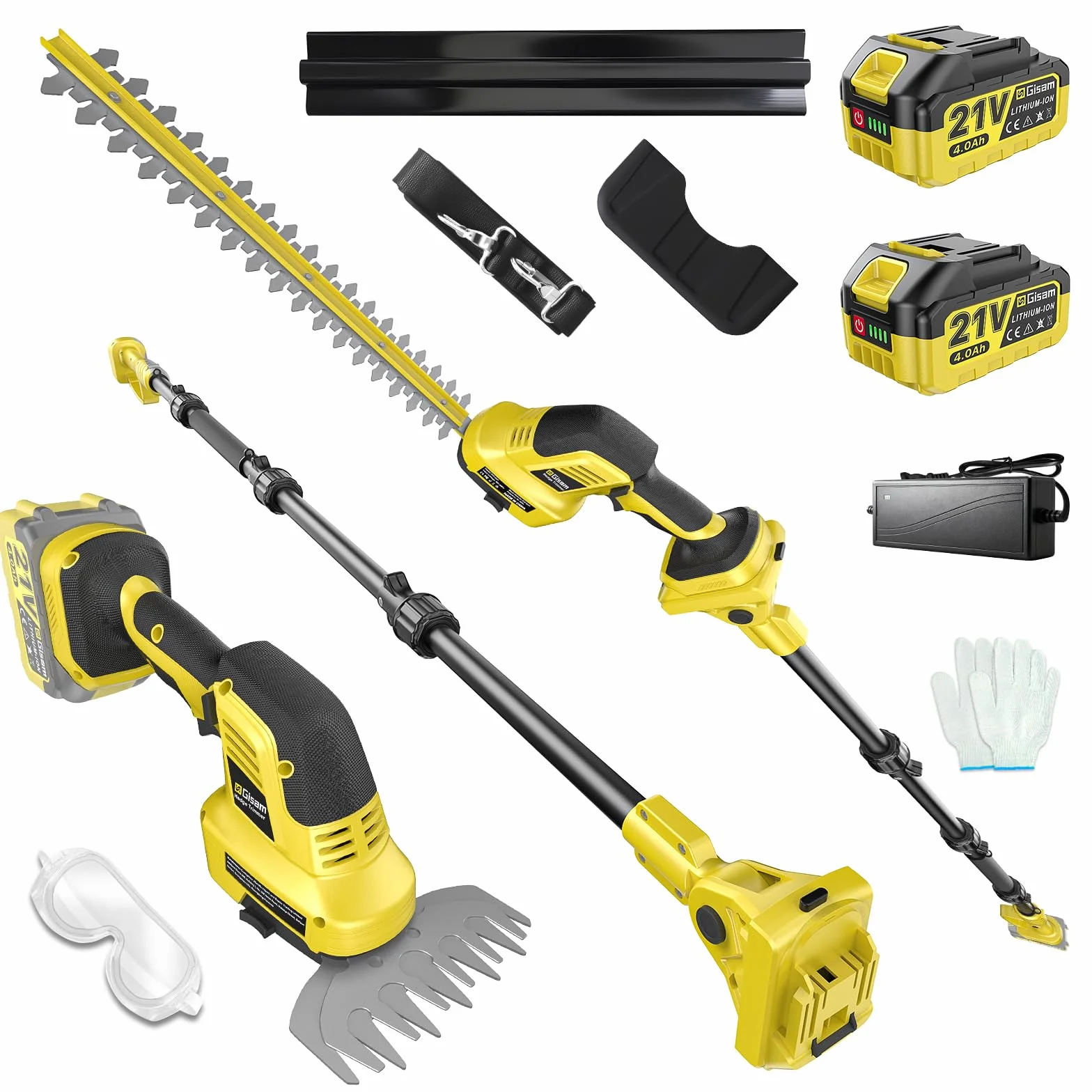 4 en 1 Cortasetos a batería Podador Altura para Makita 18V, con 2×4.0Ah baterías, extensión 4,55 m, Cuchillas 406 mm & 152 mm, Cabeza Corte giratoria 180°, como cortaarbustos y cortacésped (Amarillo)