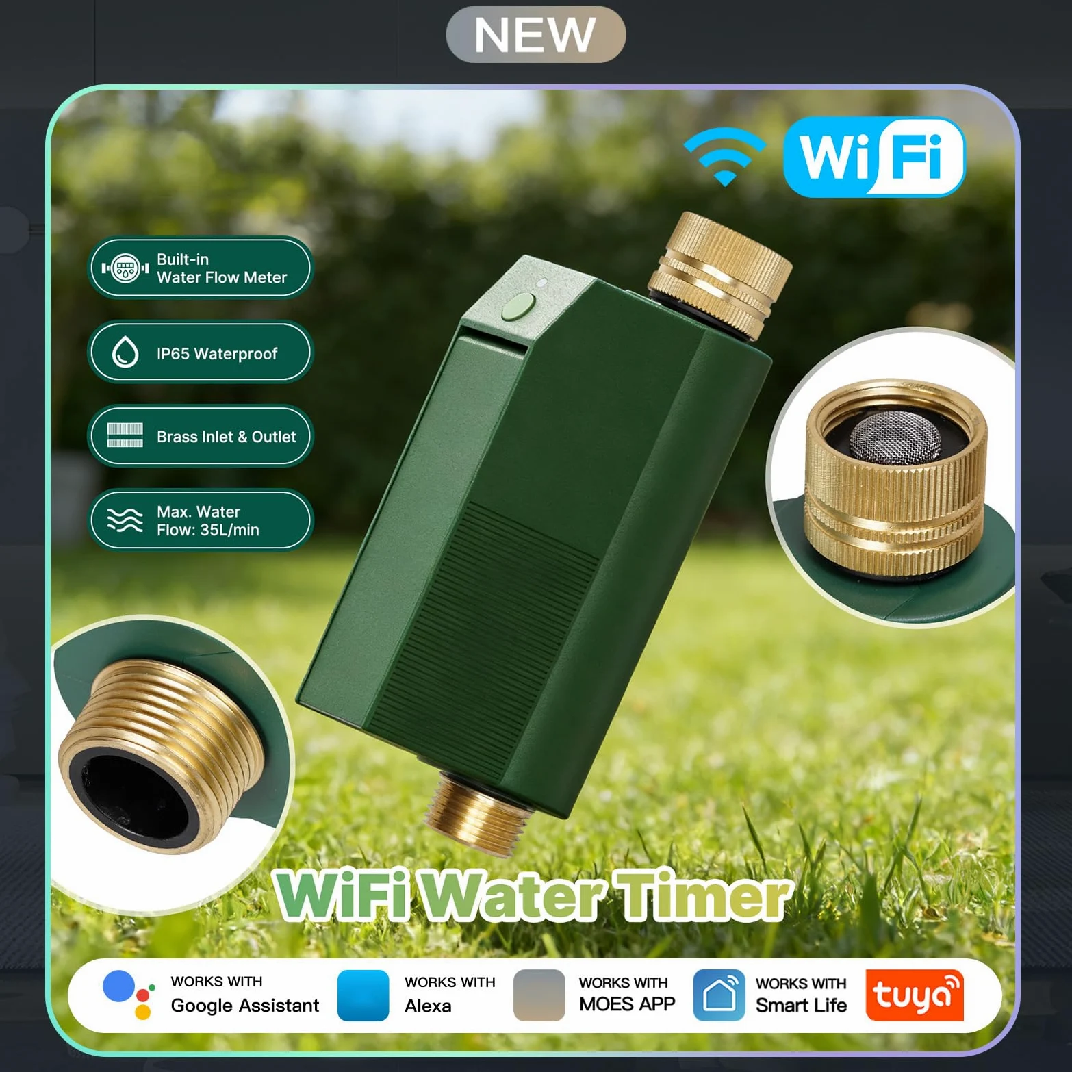 Tuyas - Temporizador de agua con WiFi, controlador de válvula inteligente, entrada de latón, sistema de riego automático de jardín, IP65, impermeable