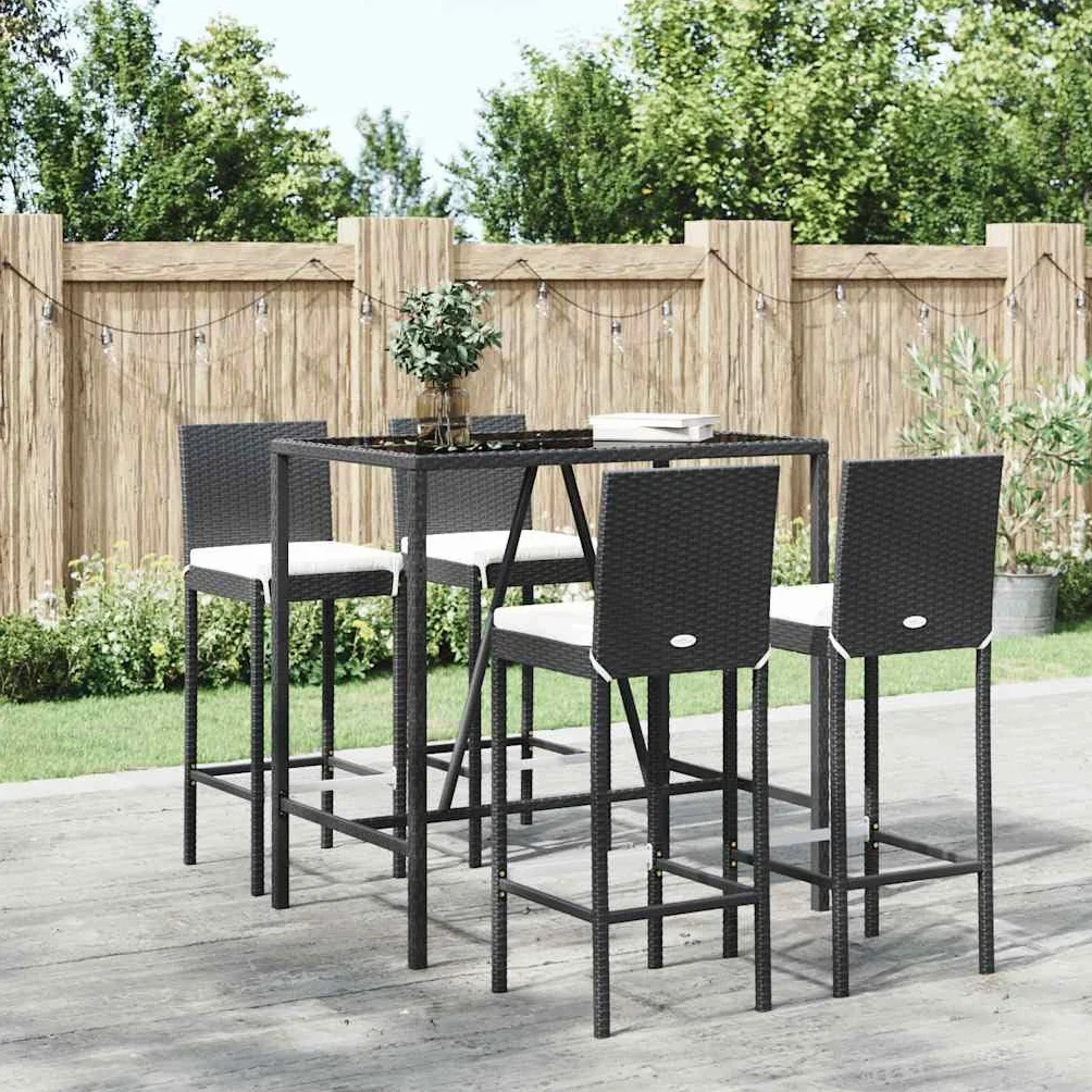vidaXL Mesa y taburetes Altos jardín 5 pzas y Cojines ratán PE Negro, Mesa y taburetes Altos jardín, Mesa y sillas de Bar, Mesa y taburetes Altos