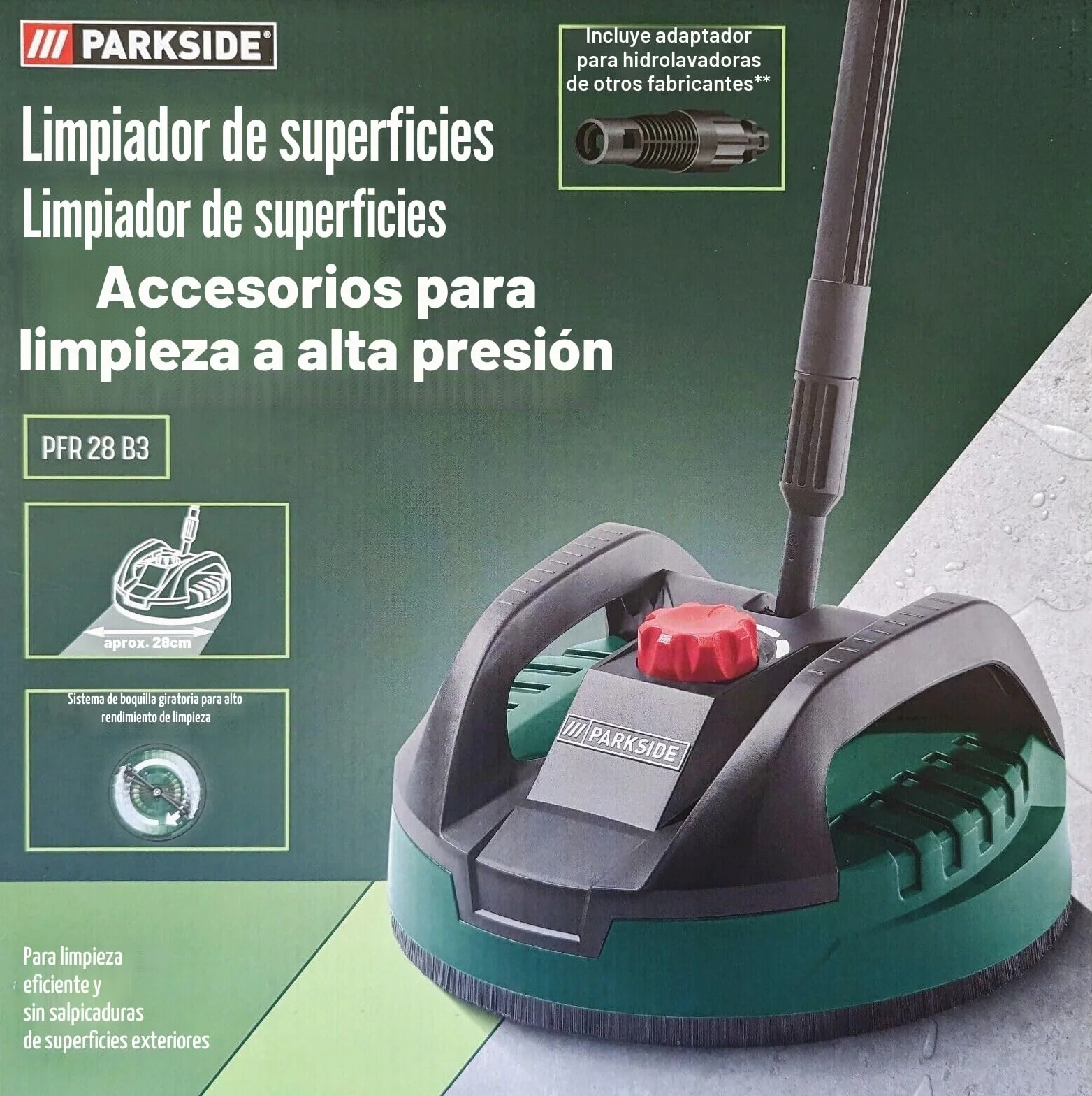 Parkside - Limpiador de Superficie PFR 28 B3/28 cm para Limpiador de Alta presión con Adaptador, Color Verde