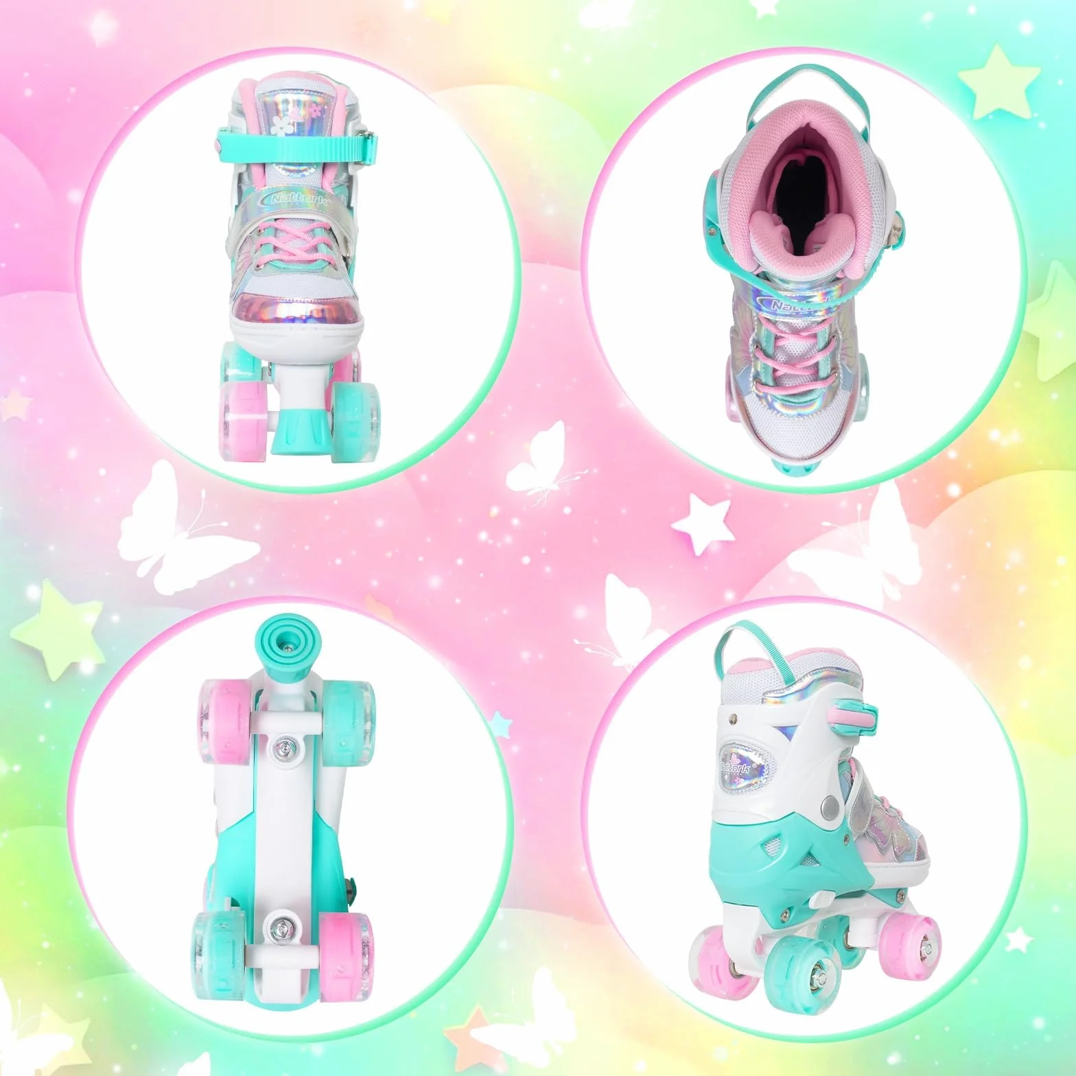 Patines de ruedas para niños Nattork, 4 tamaños ajustables, diseño mariposas flores