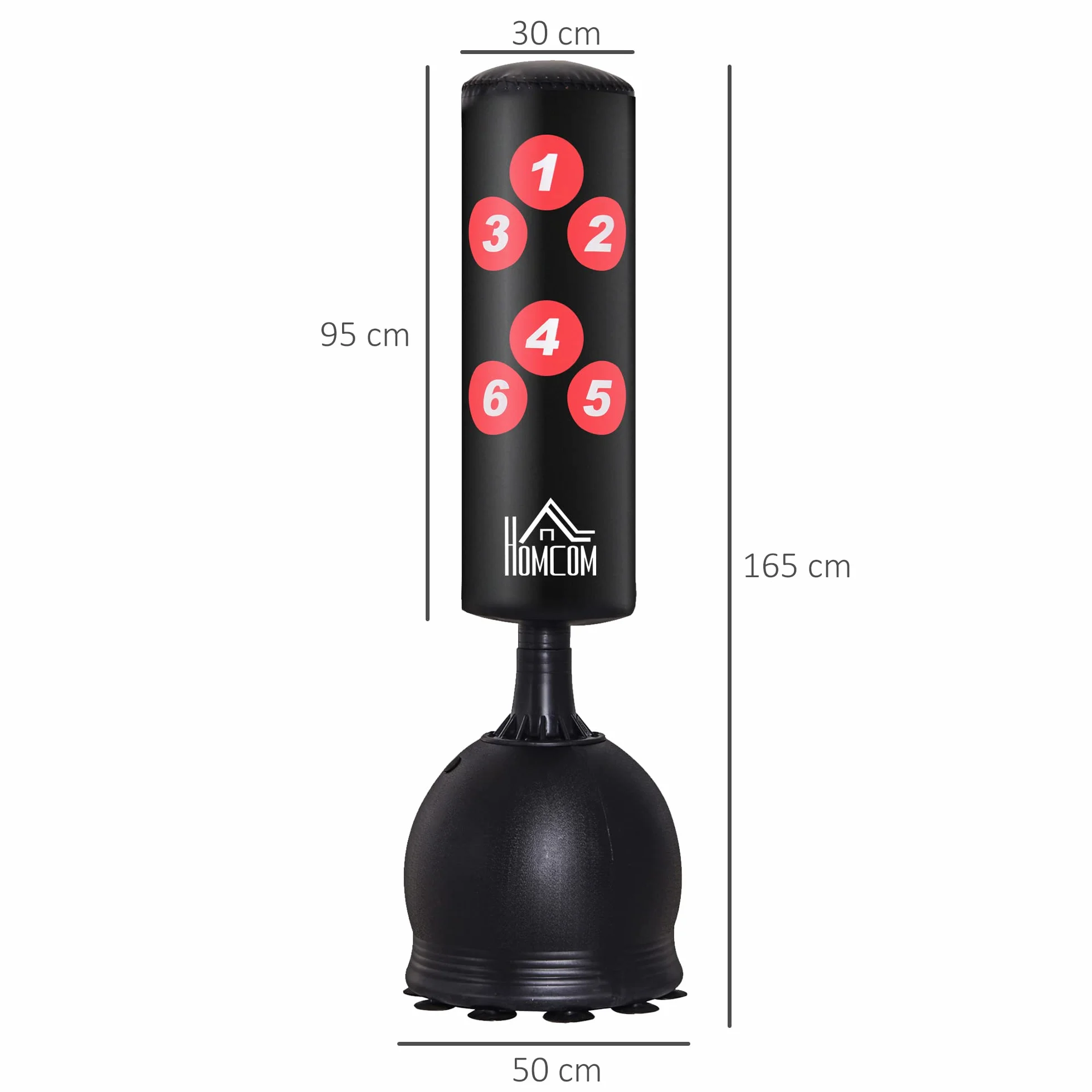 HOMCOM Saco de Boxeo de Pie 165 cm Base Rellenable Agua 22,5 kg Arena 27,5 kg Ventosas Goma Negro
