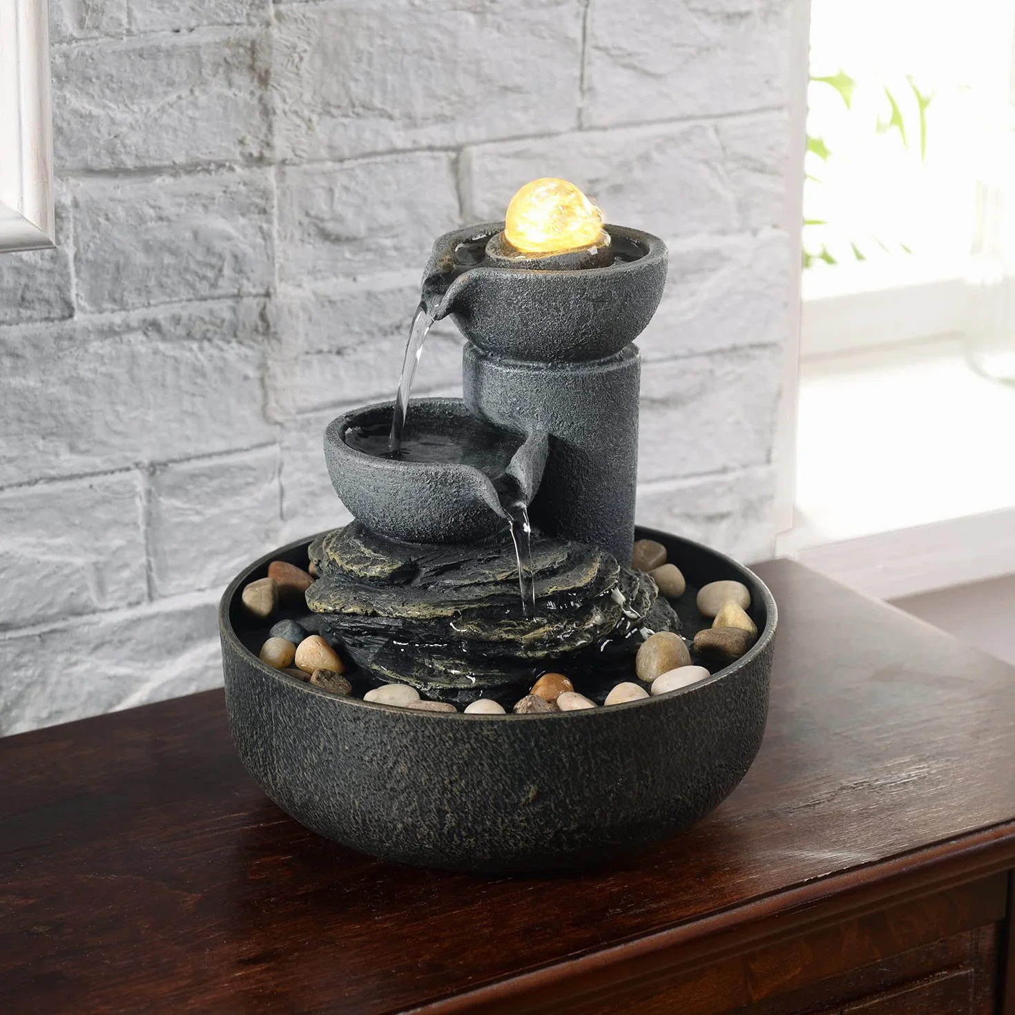 Fuente de la habitación, cascada de agua 2 etapas, meditación, decorativa con LED/adoquines, bolas de vidrio, sonidos relajantes para oficina y hogar (21098)