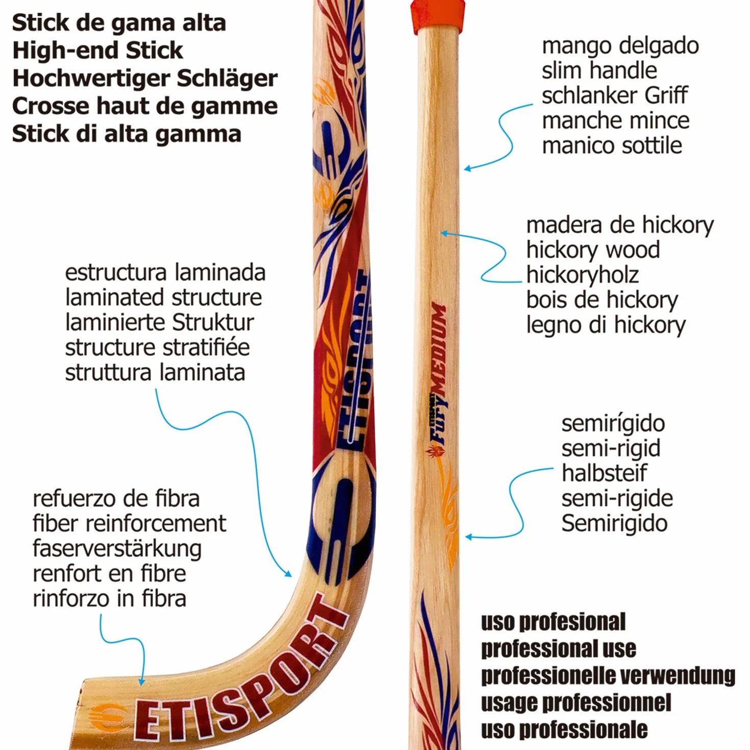 Fury Stick de Hockey Profesional Mango Hickory Pala Laminada Fibra Exterior Semi-rígido 500g