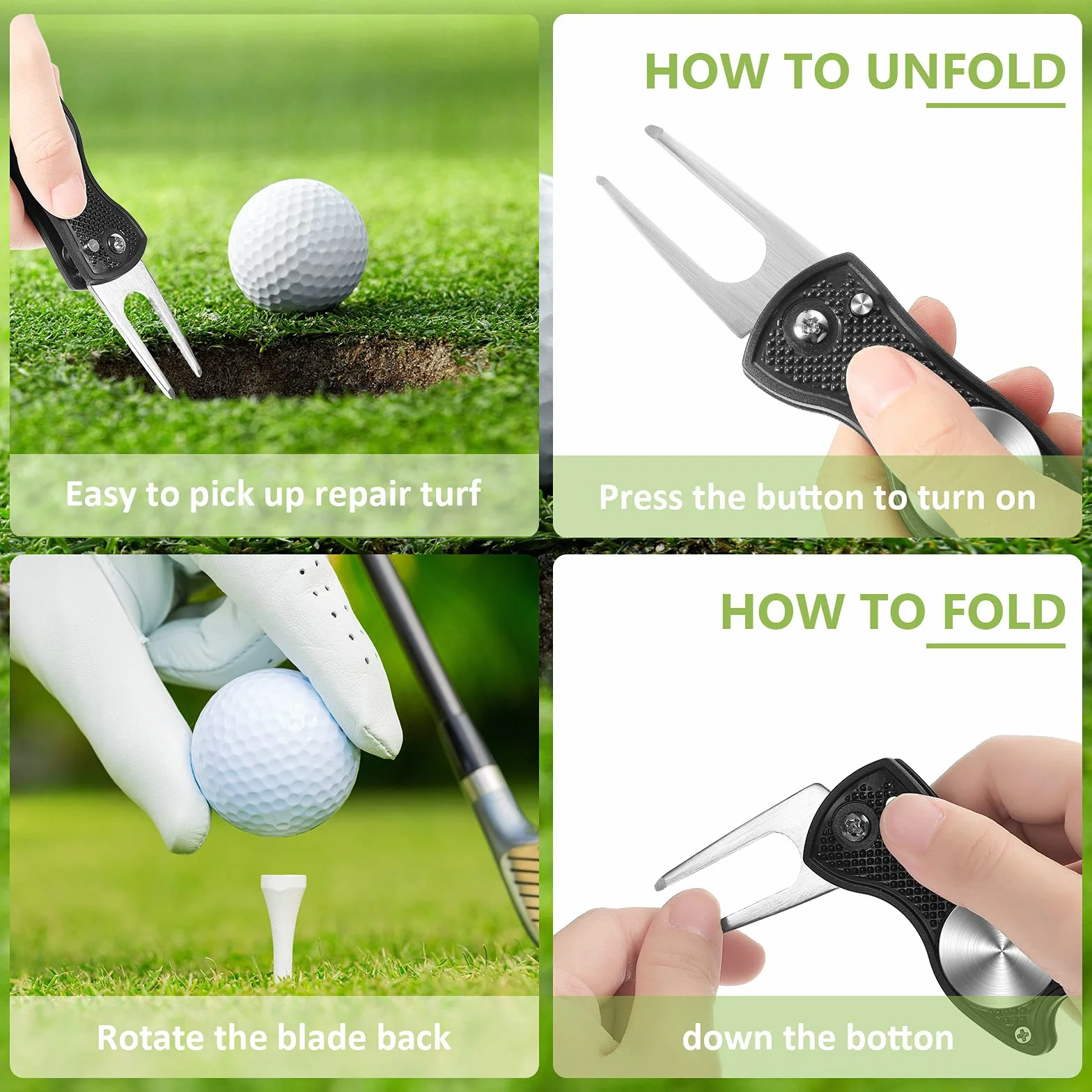 Golf Divot Tool Acero Inoxidable Plegable Horqueta Reparación con Marcador Pelota Negro