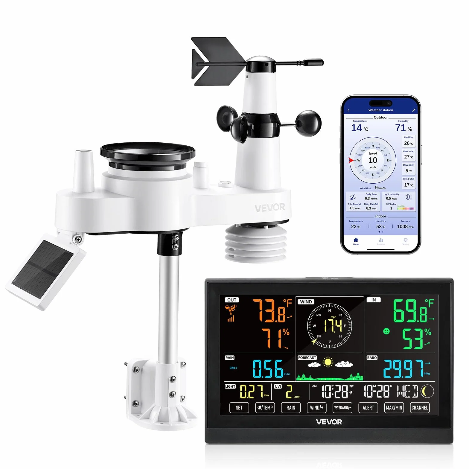 VEVOR Estación Meteorológica Wifi 7 en 1, con App, Pantalla VA de 190,5 mm, Sensor Solar Inalámbrico, Pluviómetro, Pronóstico del Tiempo, Velocidad del Viento, Temperatura, Humedad y Precipitación
