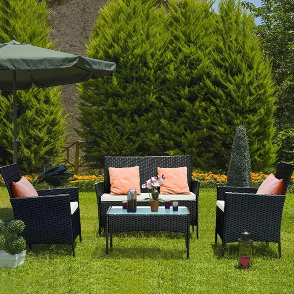 bigzzia. Juego de Muebles de jardín de ratán, 4 Piezas, Muebles de Mimbre para Patio, 2 sillones, 1 sofá de Dos Lugares y 1 Mesa (Negro)
