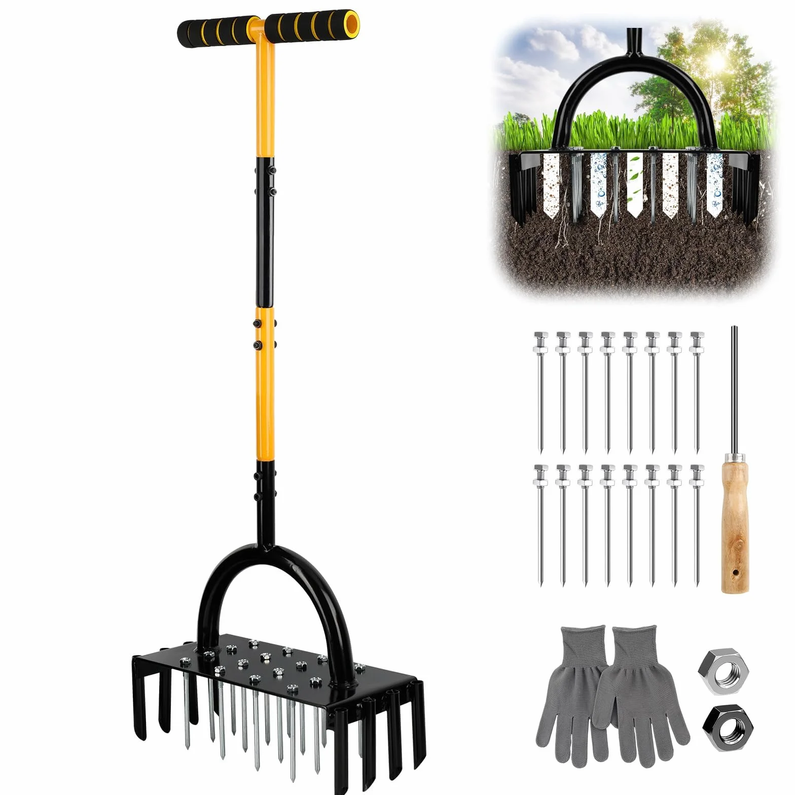 Aireador Herramienta de césped, 96 cm Aireador Cesped Escarificador Cesped Manual, aireador de Tierra Manual con Mango en T con 17 Picos de Acero sólido de 9 cm para airear césped, Patio, Suelos