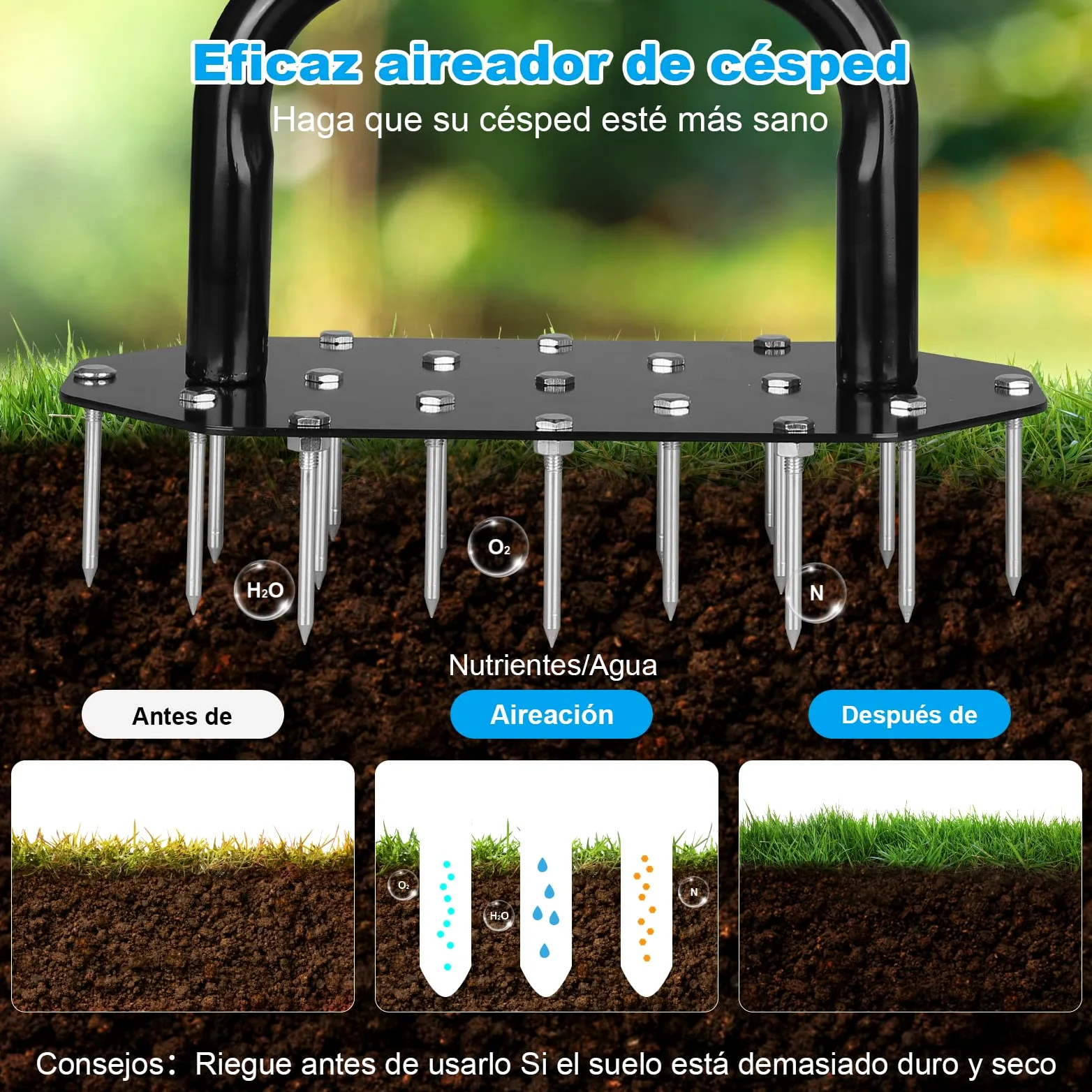 Aireador de Césped Manual con 18 Picos, Herramienta de Aireación Desmontable, Empuñadura en T y Placa de pie Ancha