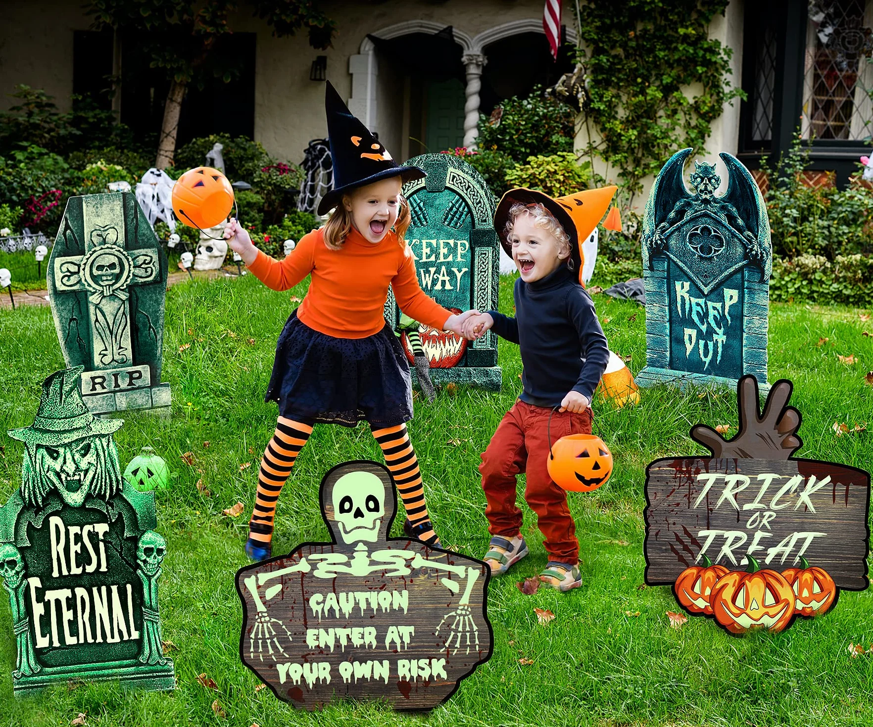 Juego de 6 Lápidas de Halloween Efecto Fluorescente -Decoración Horrorosa Interiores|Exteriores Lápidas de Cementerio Falsas de Halloween - Patio Trasero| Césped| Jardín| Casa Embrujada