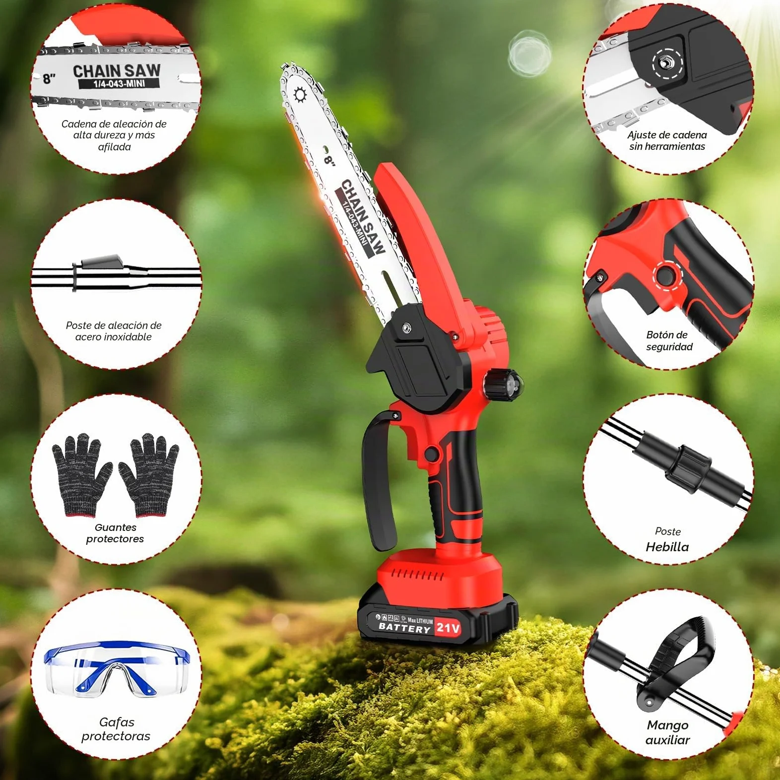 Motosierra Batería Sin Cable, 2 en 1 Mini Motosierra y Podadora de Pértiga, con 2 Baterías de 1500mAh, Sierra de Poda Telescópica Eléctrica, Guantes para Podar Arboles Patio de Jardín árboles, Rojo
