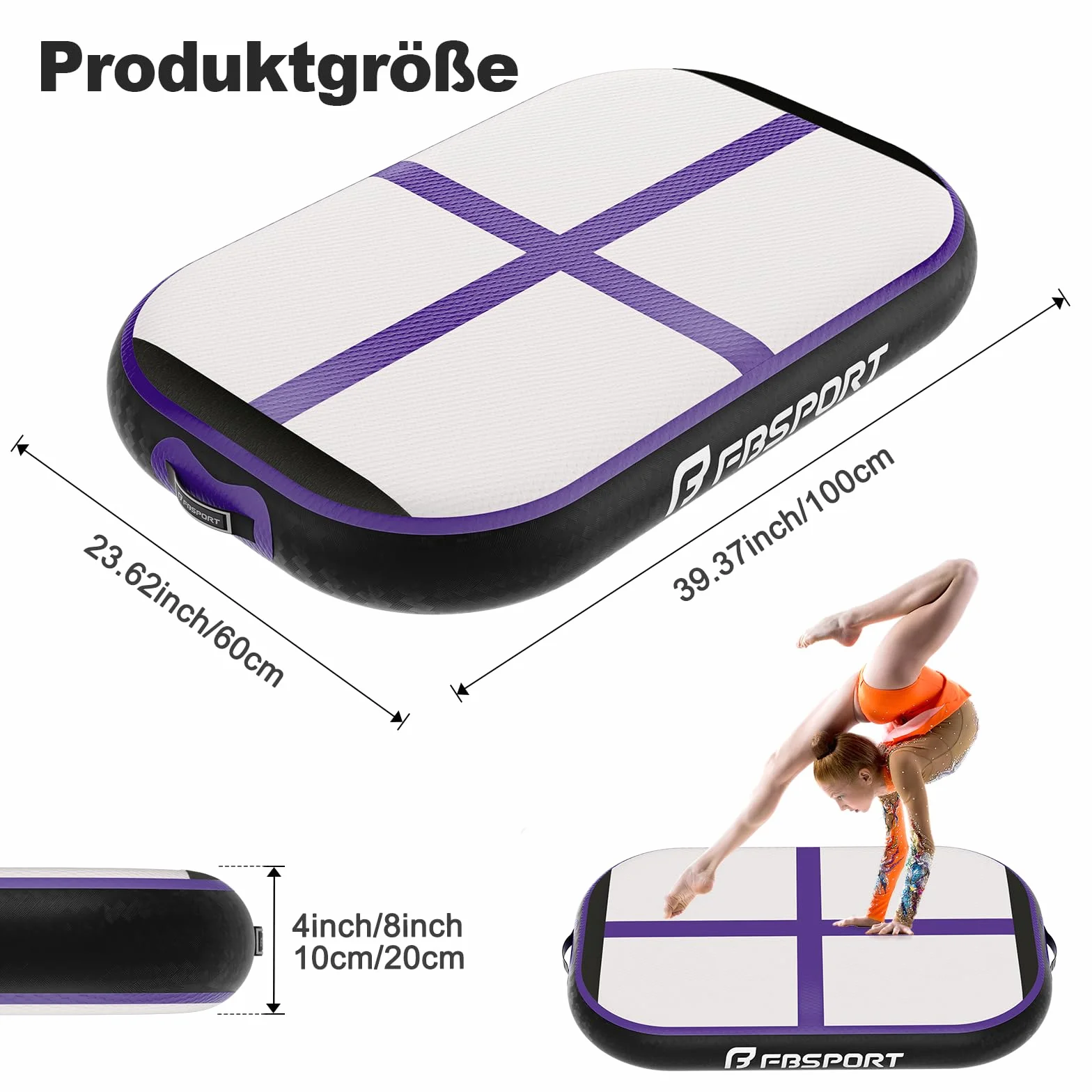 FBSPORT Esterilla de Gimnasia Airtrack Matte 10/20 cm Alto 60 cm Grosor con Bomba de Aire
