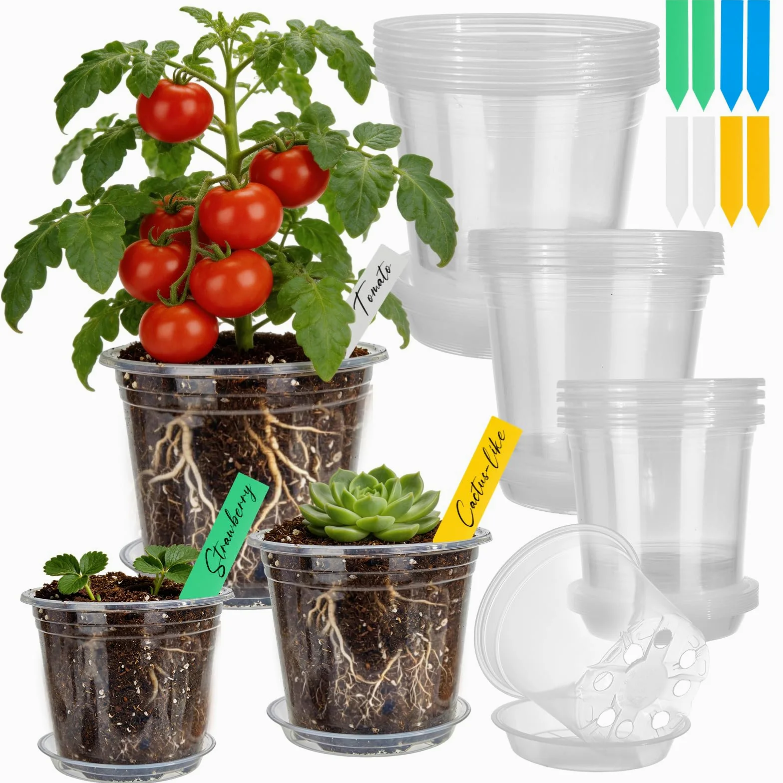 Paquete de 24 macetas transparentes de 4/5/6 pulgadas para plantas, macetas de plástico con agujeros de drenaje, paquete variado, macetas de jardín para interiores y exteriores