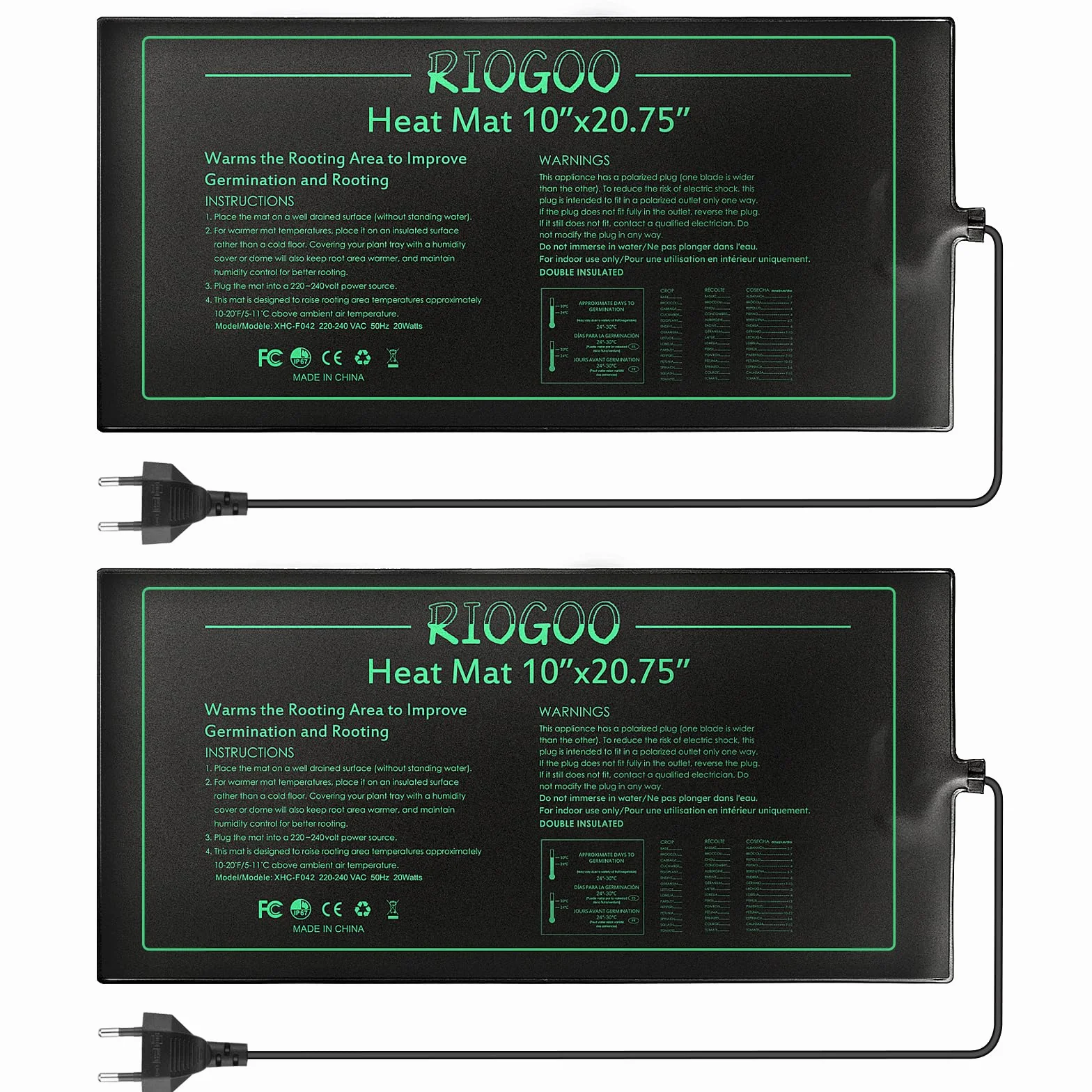 RIOGOO Alfombrilla térmica para Plantas de semillero, Resistente al Agua, para Invernadero, Duradera, de 10 "x 20,75", para propagación térmica de germinación (Paquete de 2)