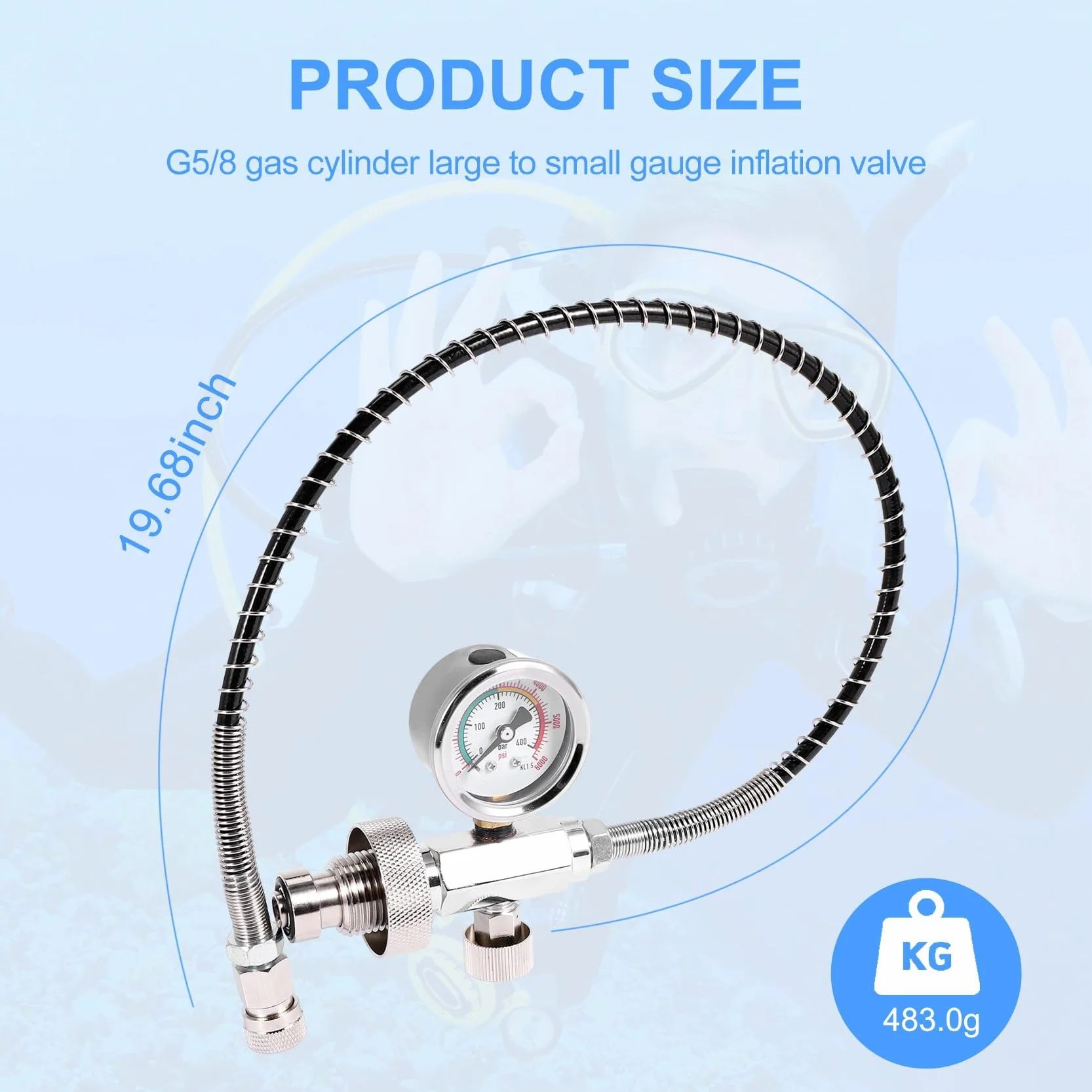Adaptador estación llenado aire PCP cilindros buceo G5/8 Din 50 cm