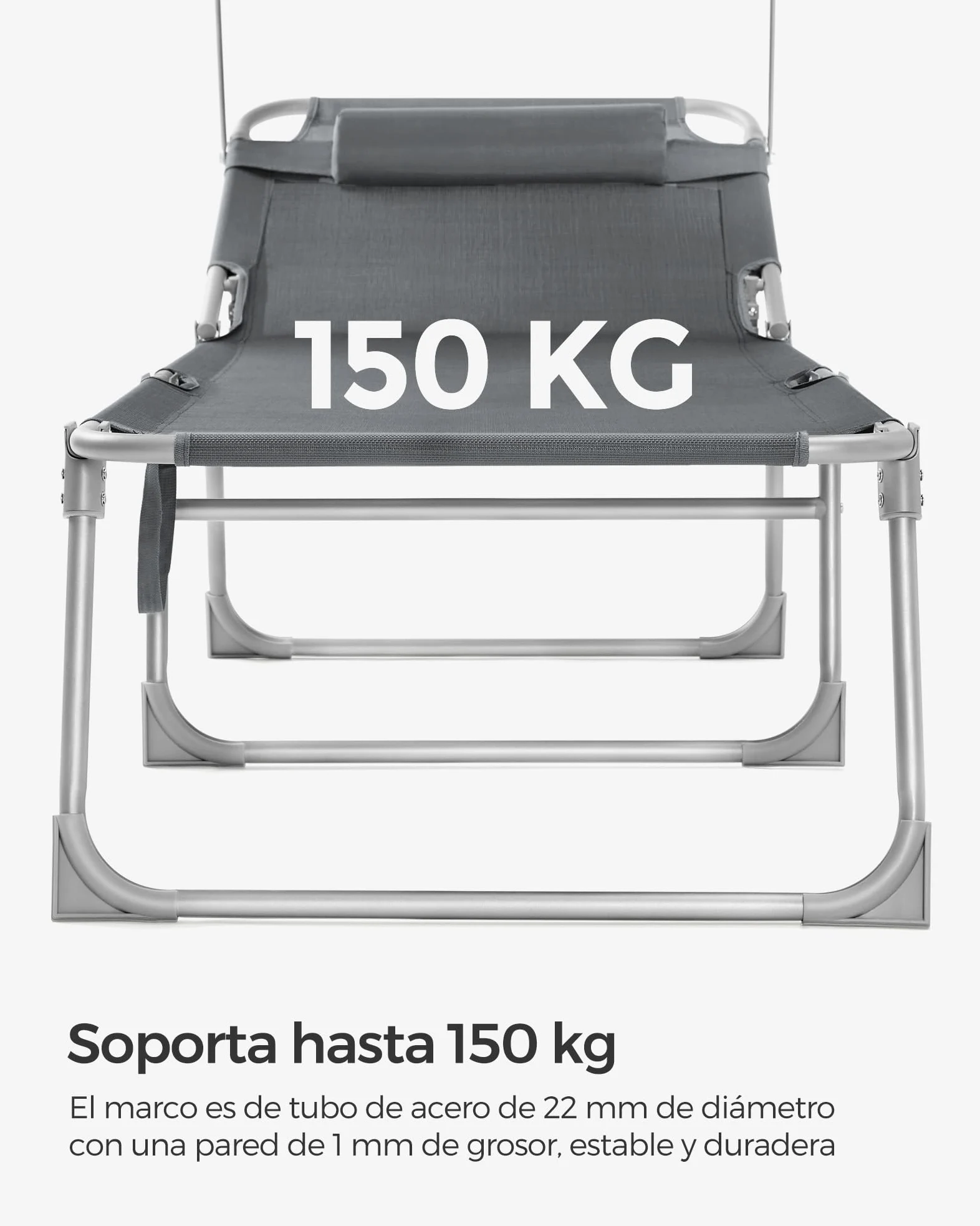 SONGMICS Tumbona, Tumbona Reclinable, 193 x 53 x 29 cm,Carga de 150 kg, con Reposacabezas de Protección Solar y Respaldo Reclinable, para Terraza, Piscina, Jardín, Gris Oscuro GCB19UV1