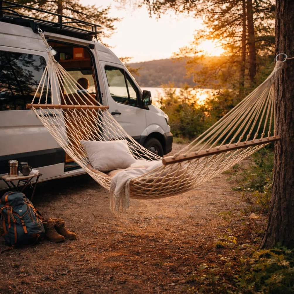 Hamaca Macramé de 270 x 80 cm (Zona Útil 190 x 80 cm) Hamaca de Red Estilo Boho para Jardín Terraza Interior Camping Campers o Caravanas Bolsa de Transporte incluida