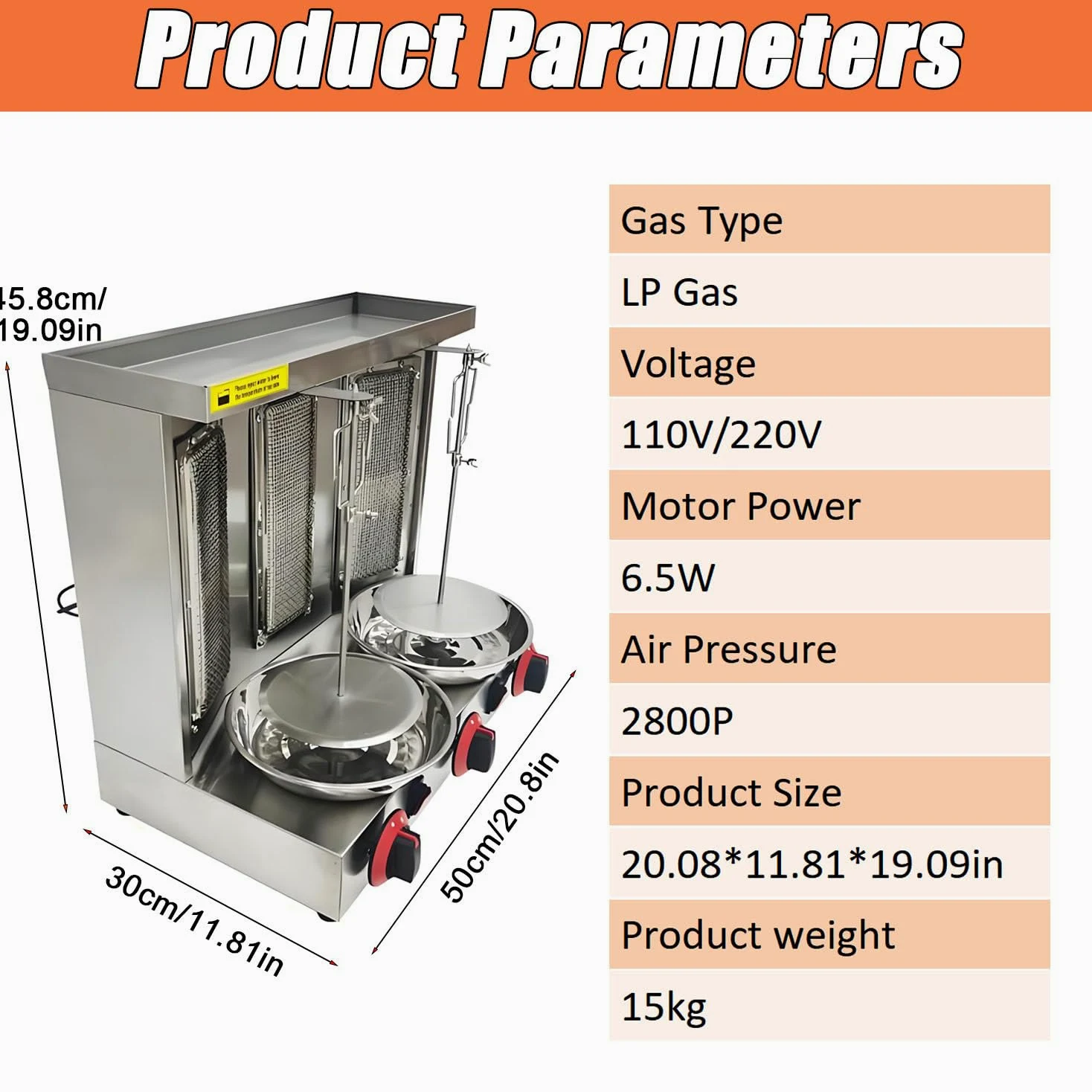 Máquina casera para shawarma de Pollo, asador Comercial de Pollo Turco para Doner, asador Vertical de propano de mostrador con 3 quemadores para Cocina casera, Restaurante y Fiestas.