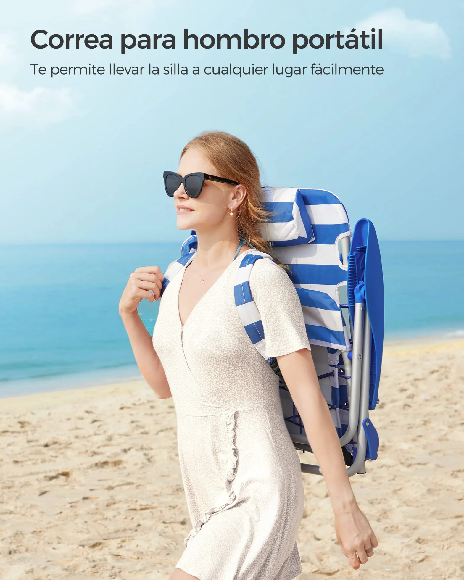 SONGMICS - Silla de Playa, Silla Plegable para Camping, con Correa, Respaldo Ajustable, reposacabezas, apoyabrazos, 2 Fundas Laterales, Azul y Blanco GCB62BU