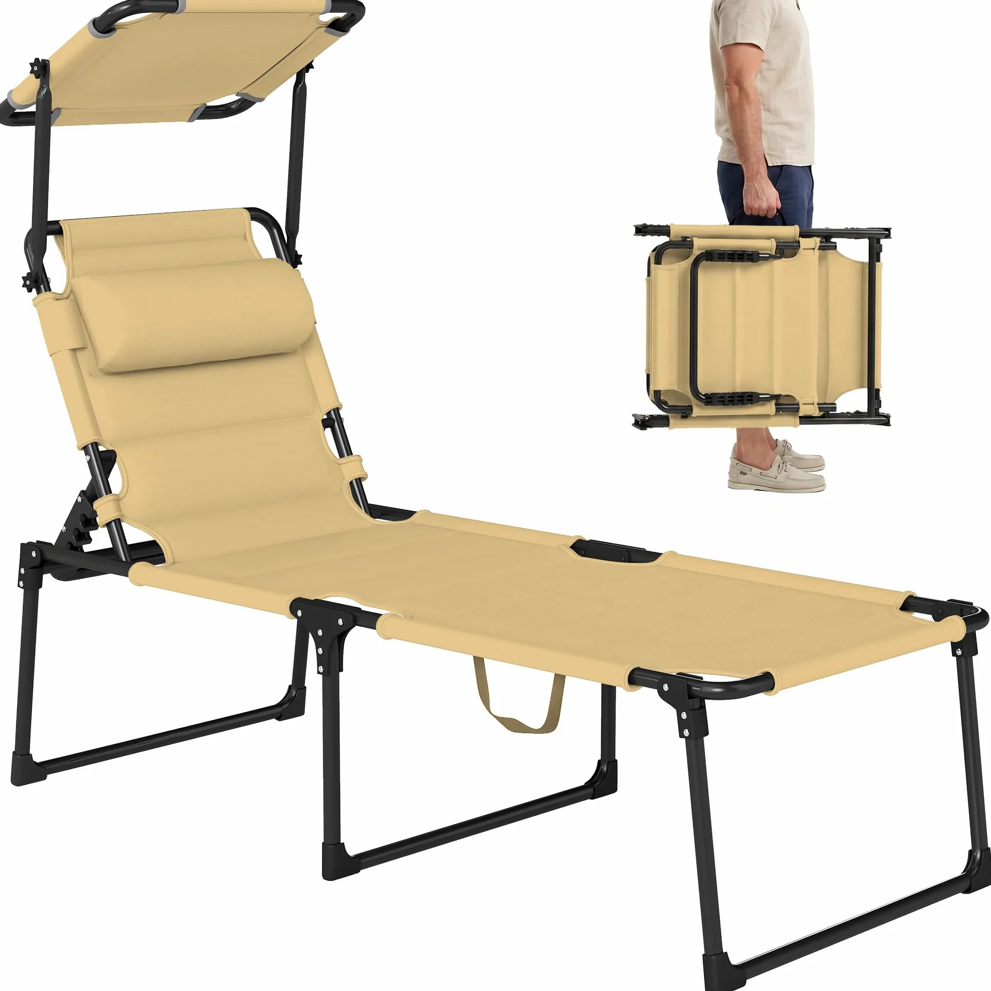 Outsunny Tumbona Plegable, Tumbona Jardín Exterior con Toldo Ajustable, Respaldo Regulable en 4 Niveles, Reposacabezas, Cojín Grueso, para Terraza, Piscina, 70x200x45 cm, Crema
