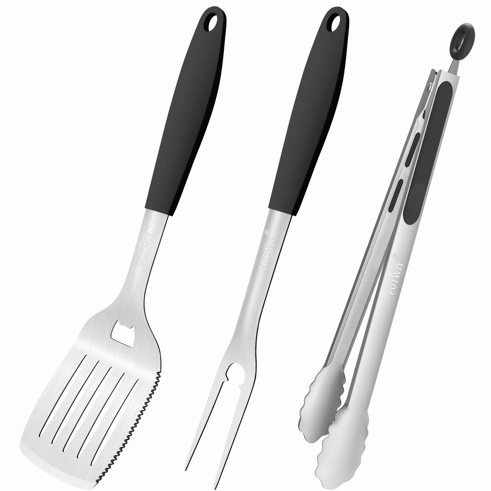 Accesorios para parrilla de barbacoa, juego de 3 herramientas de parrilla de acero inoxidable con espátula, tenedor y pinzas, utensilios de barbacoa, herramientas de parrilla para acampar al
