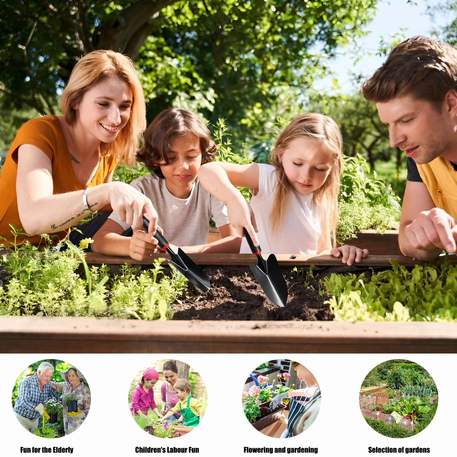 Herramientas de jardinería de 3 Piezas con Mango Antideslizante – Kit Profesional de Acero Inoxidable para plantación, excavación y azada (Pala, trasplantador, azada Doble)
