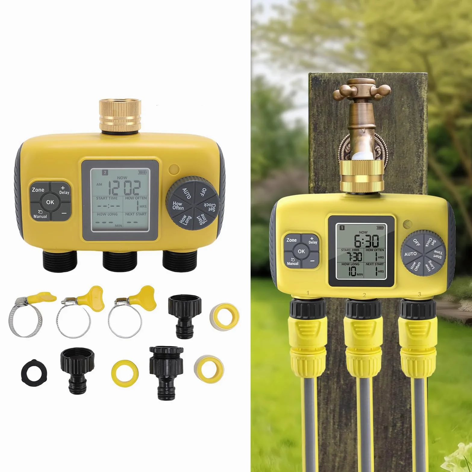 Temporizador de Manguera programable |Pantalla Digital de 3 Salidas para jardín al Aire Libre/césped/Plantas en macetas |Temporizador de riego para grifos de 3/4-1/2 Pulgadas