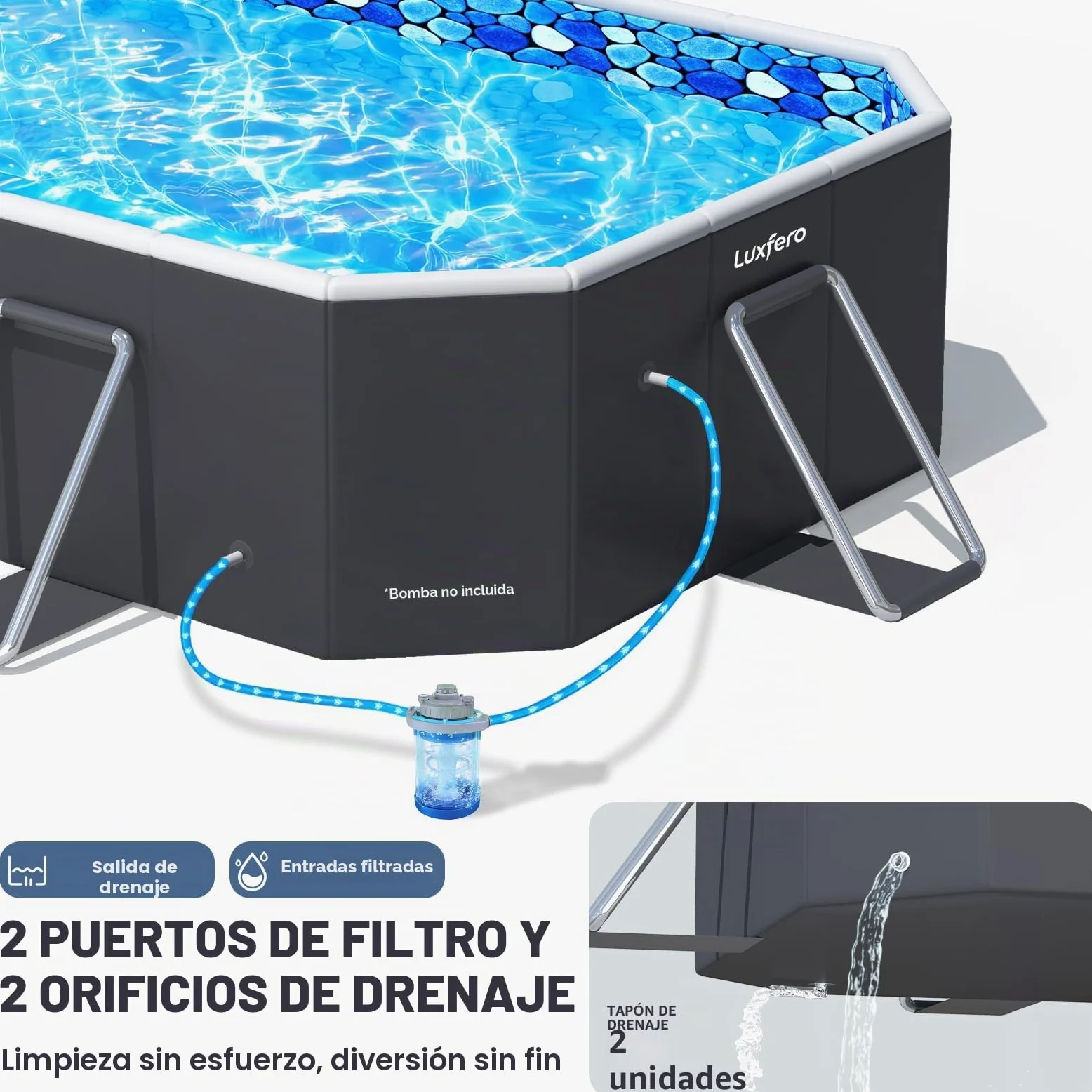 Luxfero Piscina Desmontable Rectangular con Toldo Solar, Piscina Desmontable Tubular Plegable, Piscina Rectangular de Exterior Épaissi, Fácil de Guardar Piscina para Adultos y Niños, 228 x 127 x 50 cm