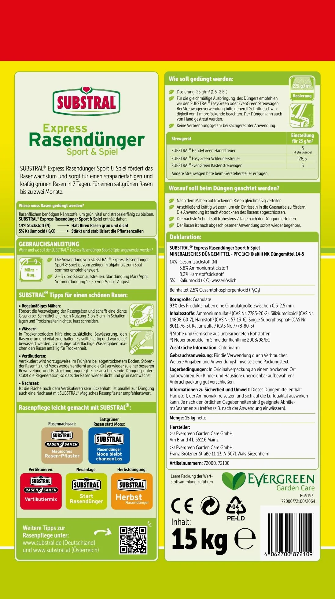 Substral Abono para césped Express Sport & Spiel, 15 kg, efecto fertilizante rápido y potente césped en 7 días, ideal para esparcidores y cortacéspedes