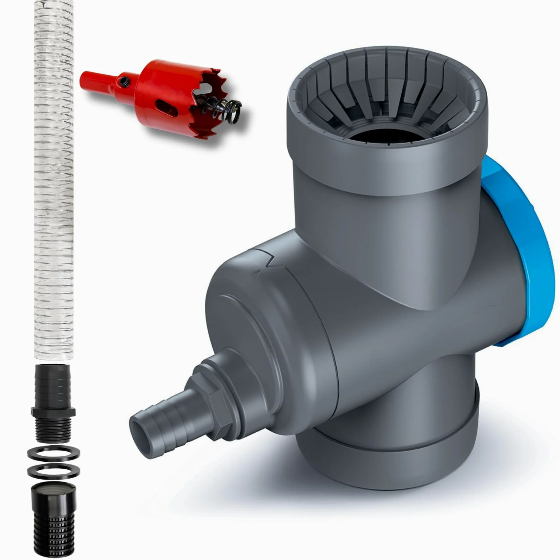 YourCasa Colector de lluvia [Downpipe] con manguera de conexión de 30 cm y paso de barril de lluvia, tope de desbordamiento, grifo de paso y filtro de metal, tubo bajante de 68 – 110 mm DN100 desagüe