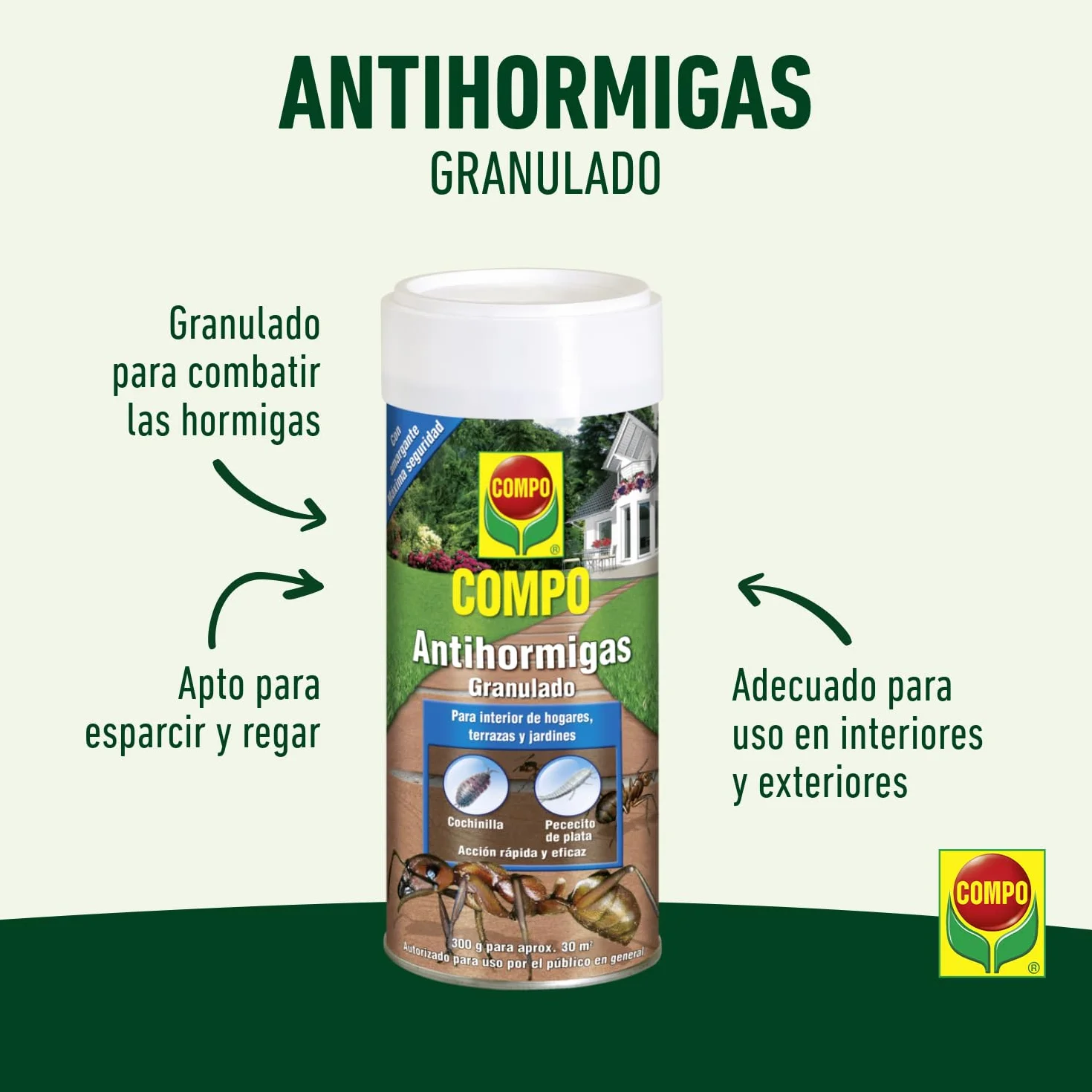 COMPO Antihormigas, Formato granulado para espolvorear, de uso interior y exterior, Efecto duradero, 300 g
