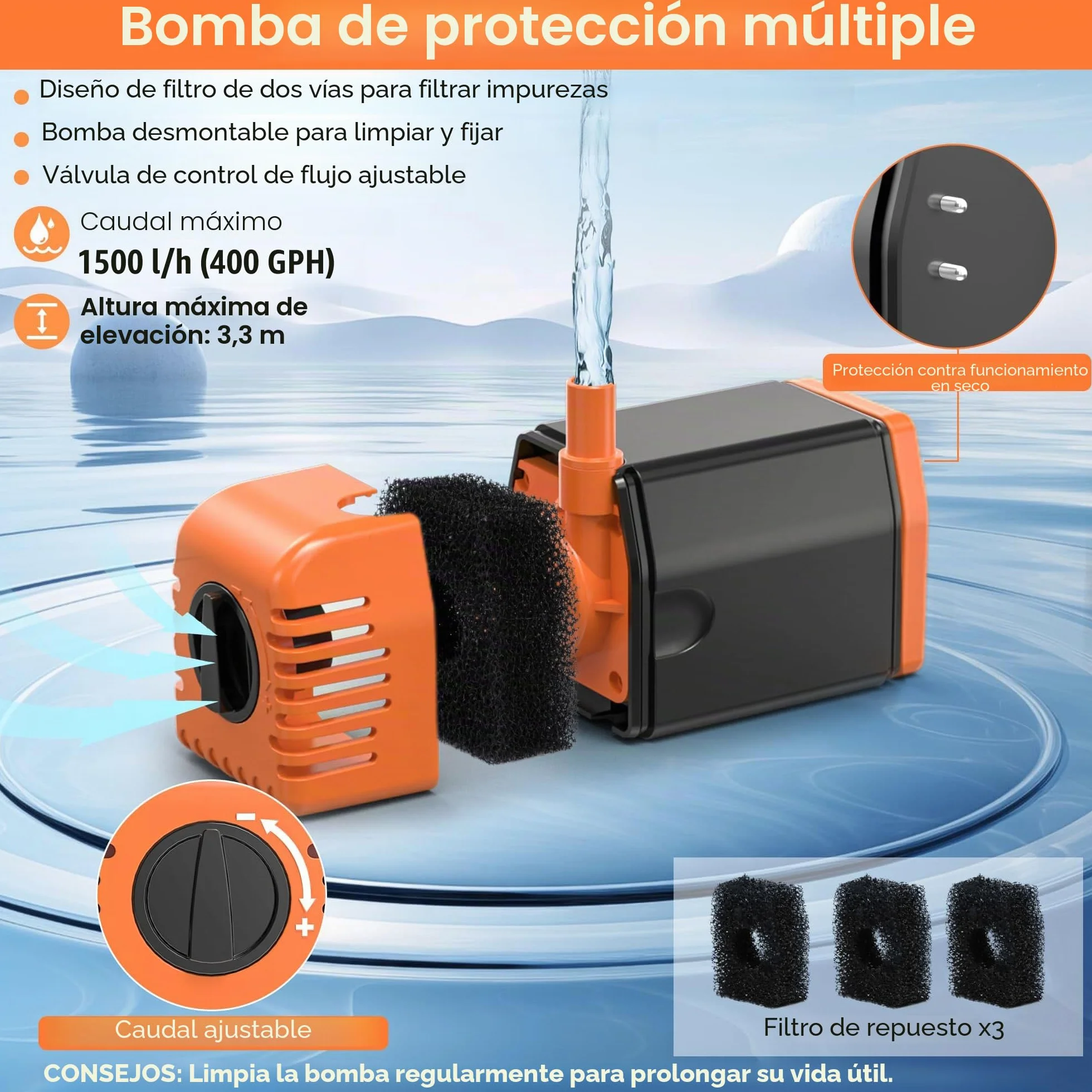 Biling Bomba solar para estanque de 35 W, 1500 L/H, silenciosa, con 4 boquillas, fuente solar con manguera de arroyo para estanques de jardín de hasta 1500 L, fuente solar para manualidades, fuente de
