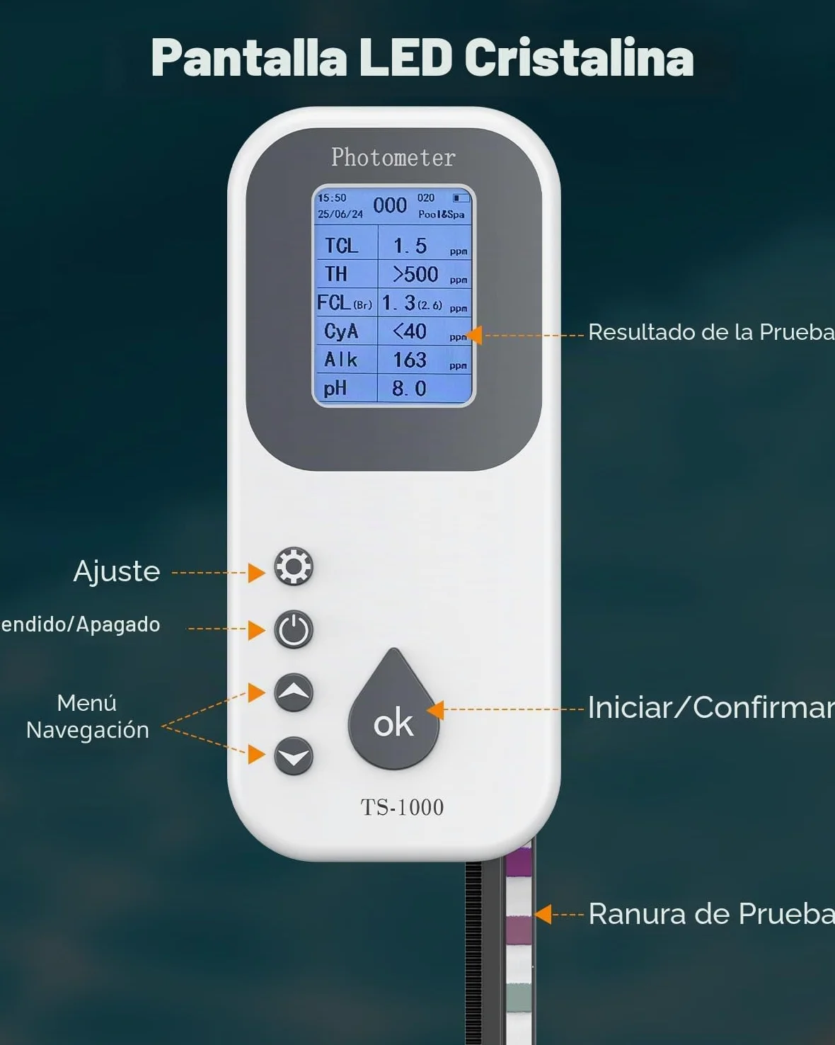 Pawfly Kit Digital de Análisis de Agua 7 en 1, 50 Tiras para Spa, Analizador Digital para Piscinas pH Dureza Total Cloro Total Cloro Libre Alcalinidad Total Ácido Cianúrico y Bromo