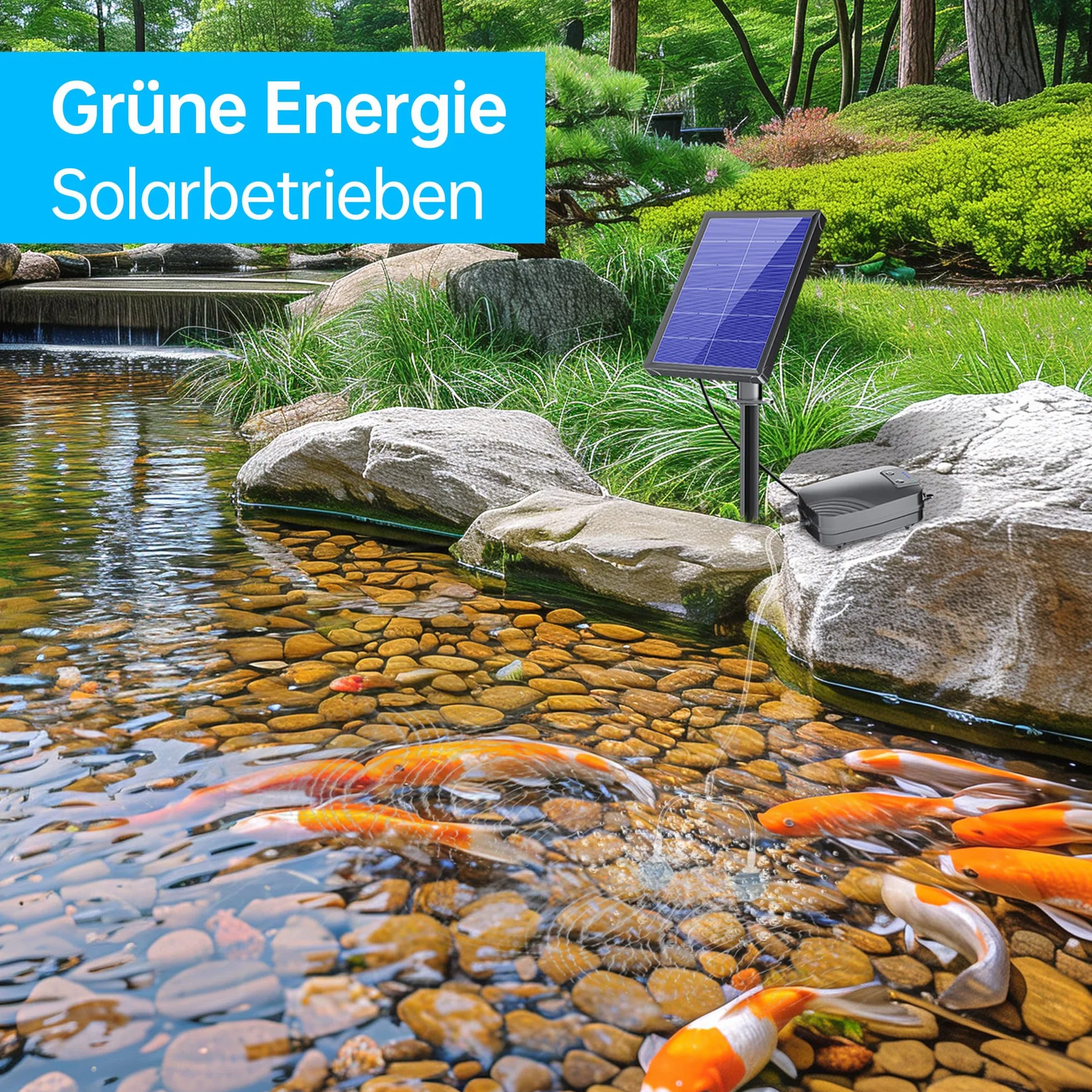 Biling Bomba de Oxígeno para Estanque Solar, 4W Bomba de Oxígeno con 2200mAh akk, Bomba de Oxígeno para Estanque, 3 Modos, 2 Piedras de Aire para Estanque de Jardín, Pesca, Hidropónica